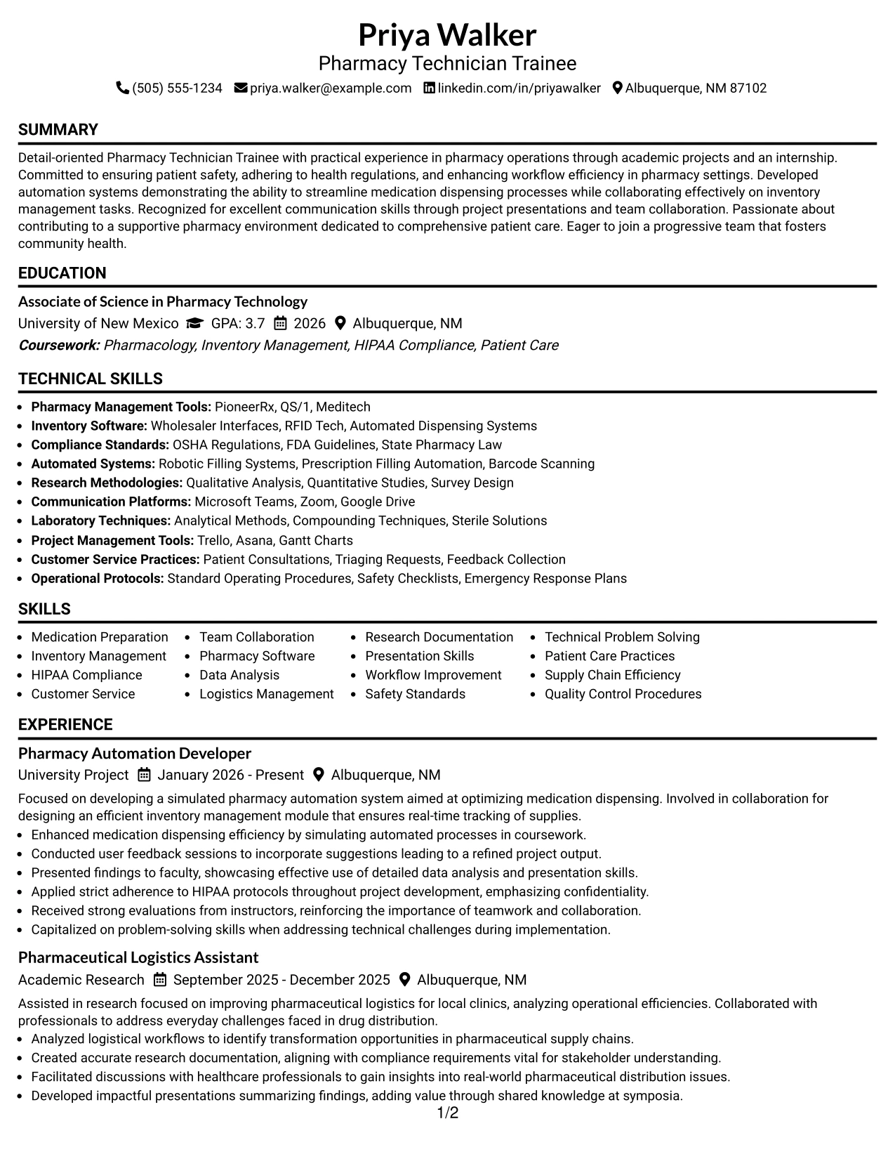 Resume Example Page 1