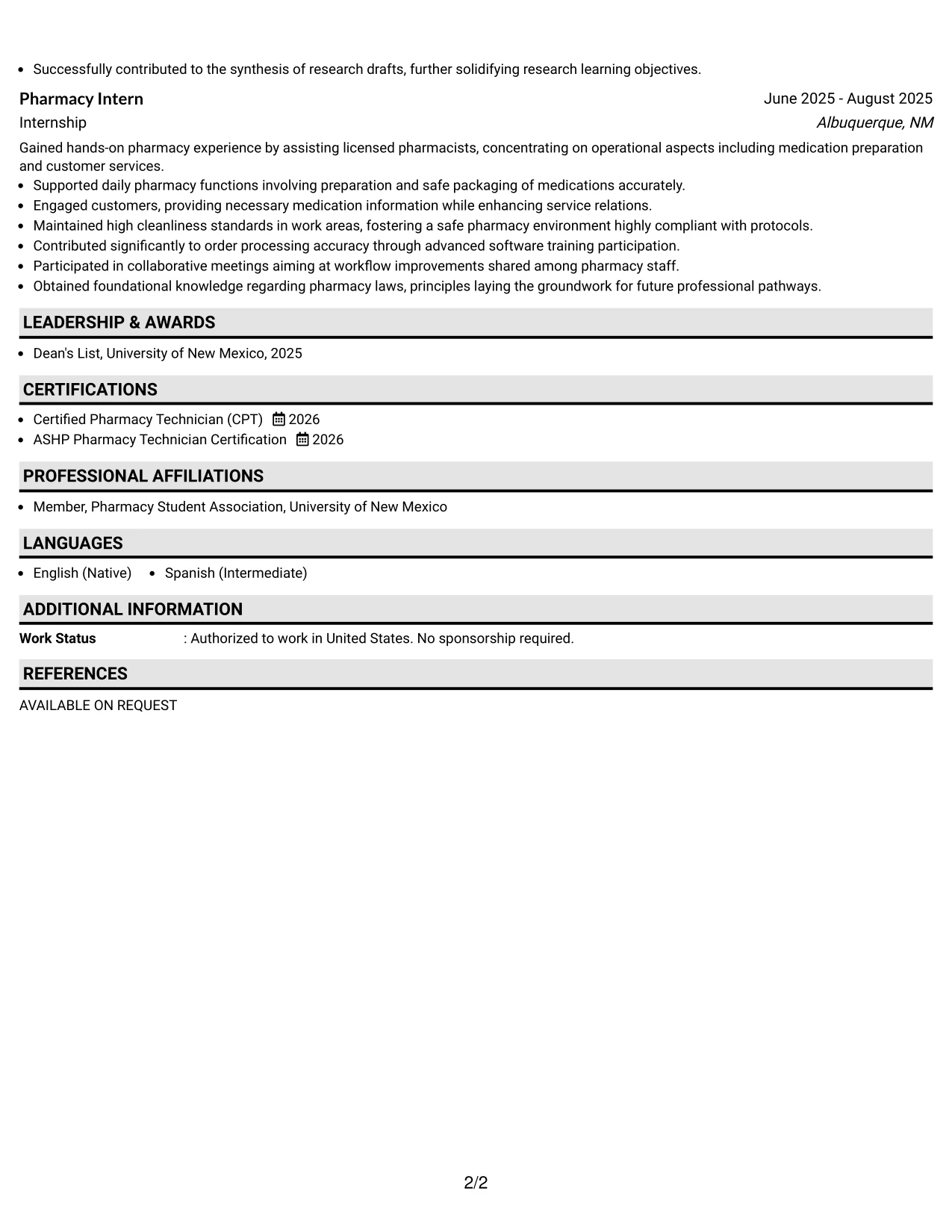 Resume Example Page 2