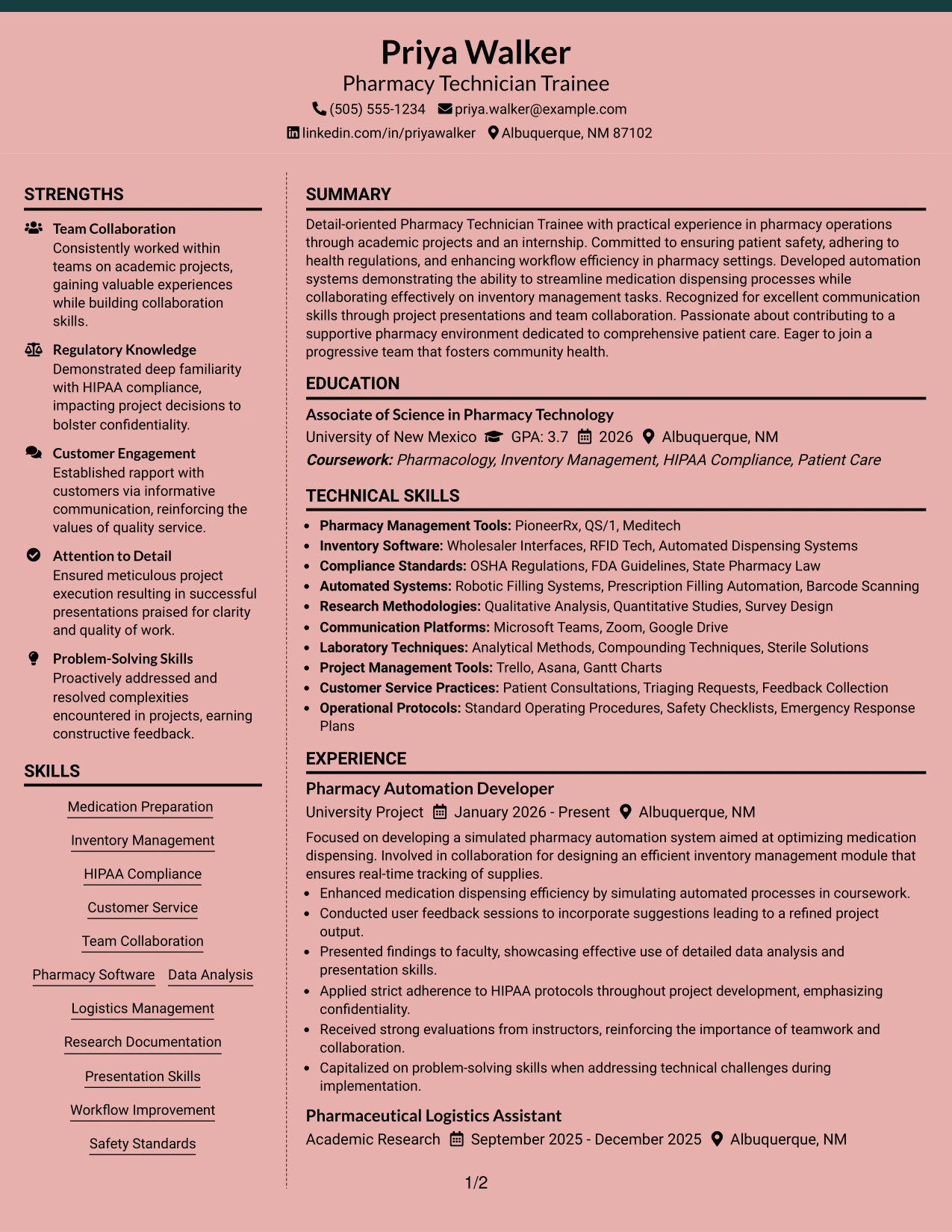 Resume Example Page 1