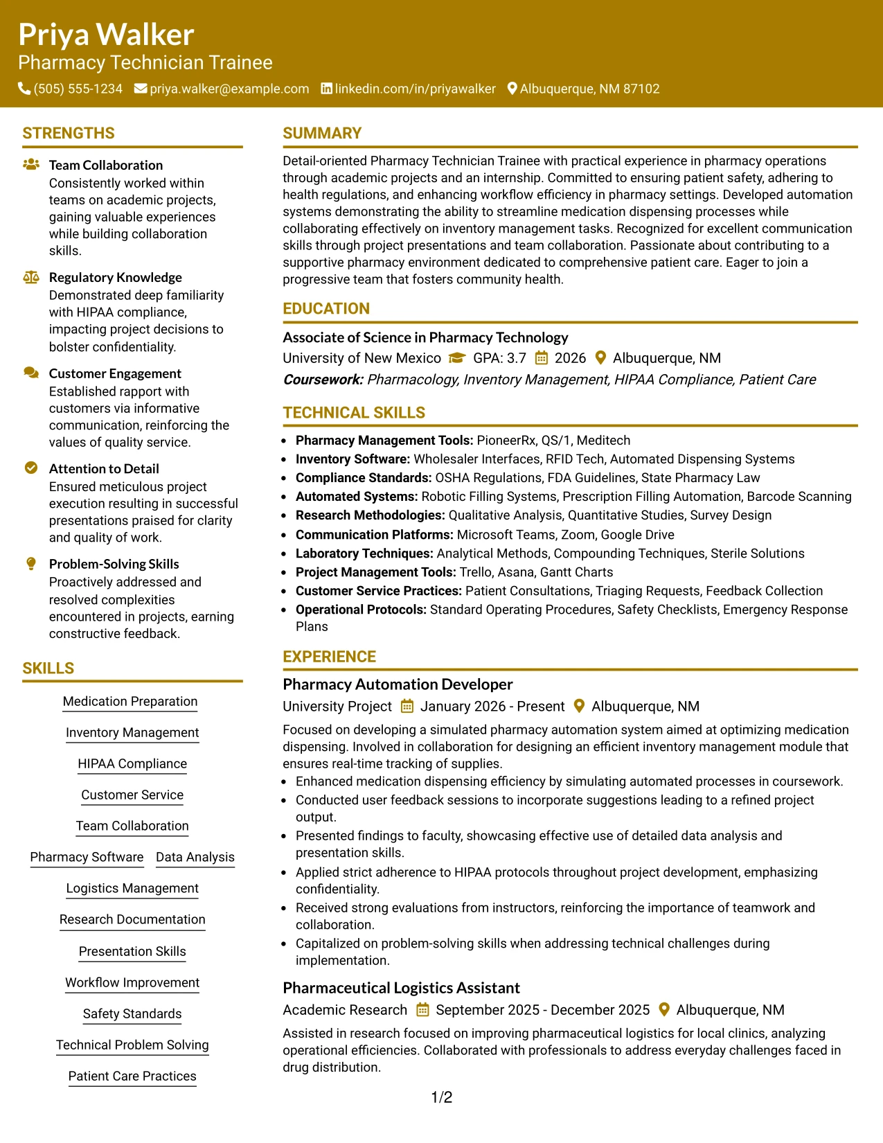 Resume Example Page 1
