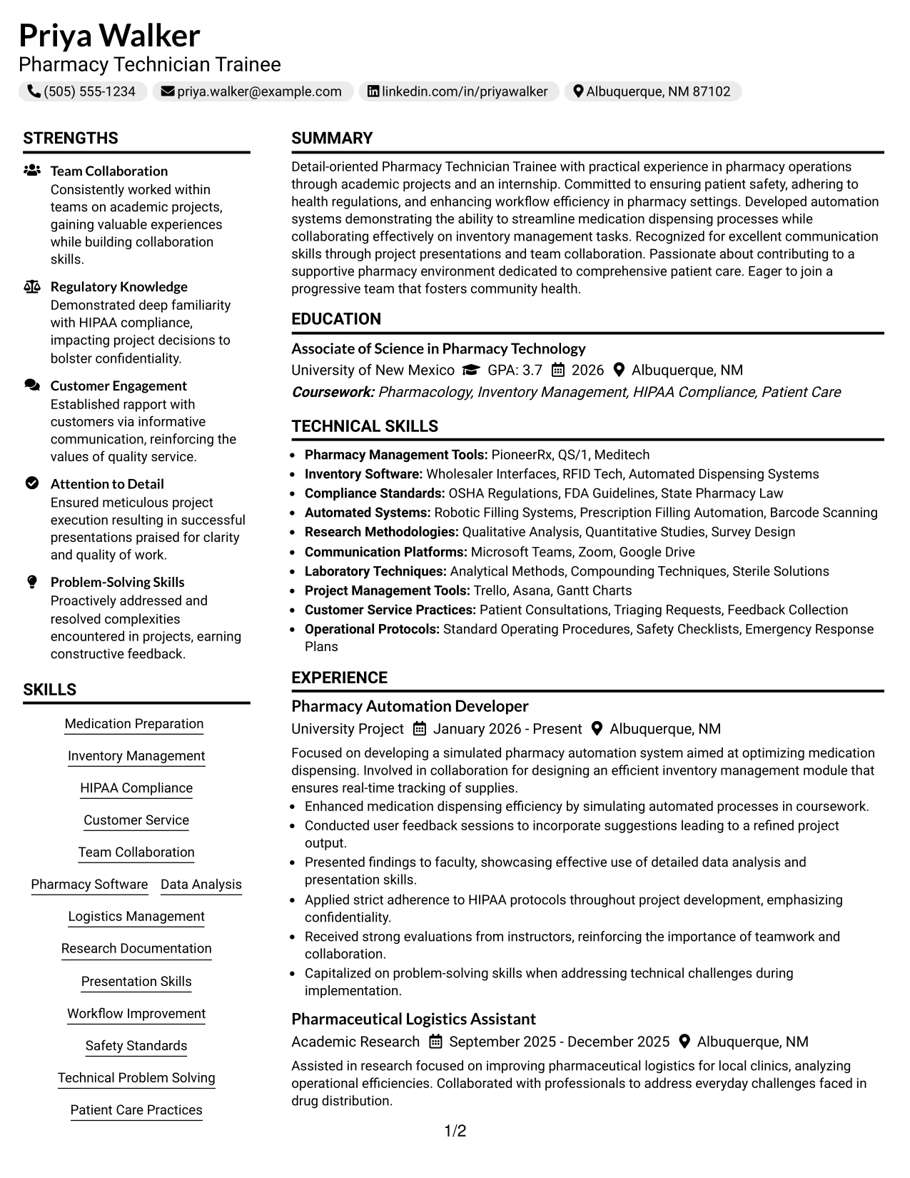 Resume Example Page 1