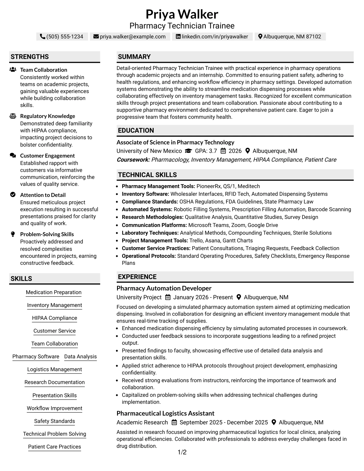 Resume Example Page 1