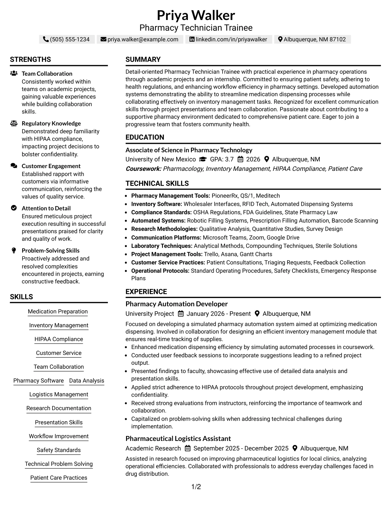Resume Example Page 1
