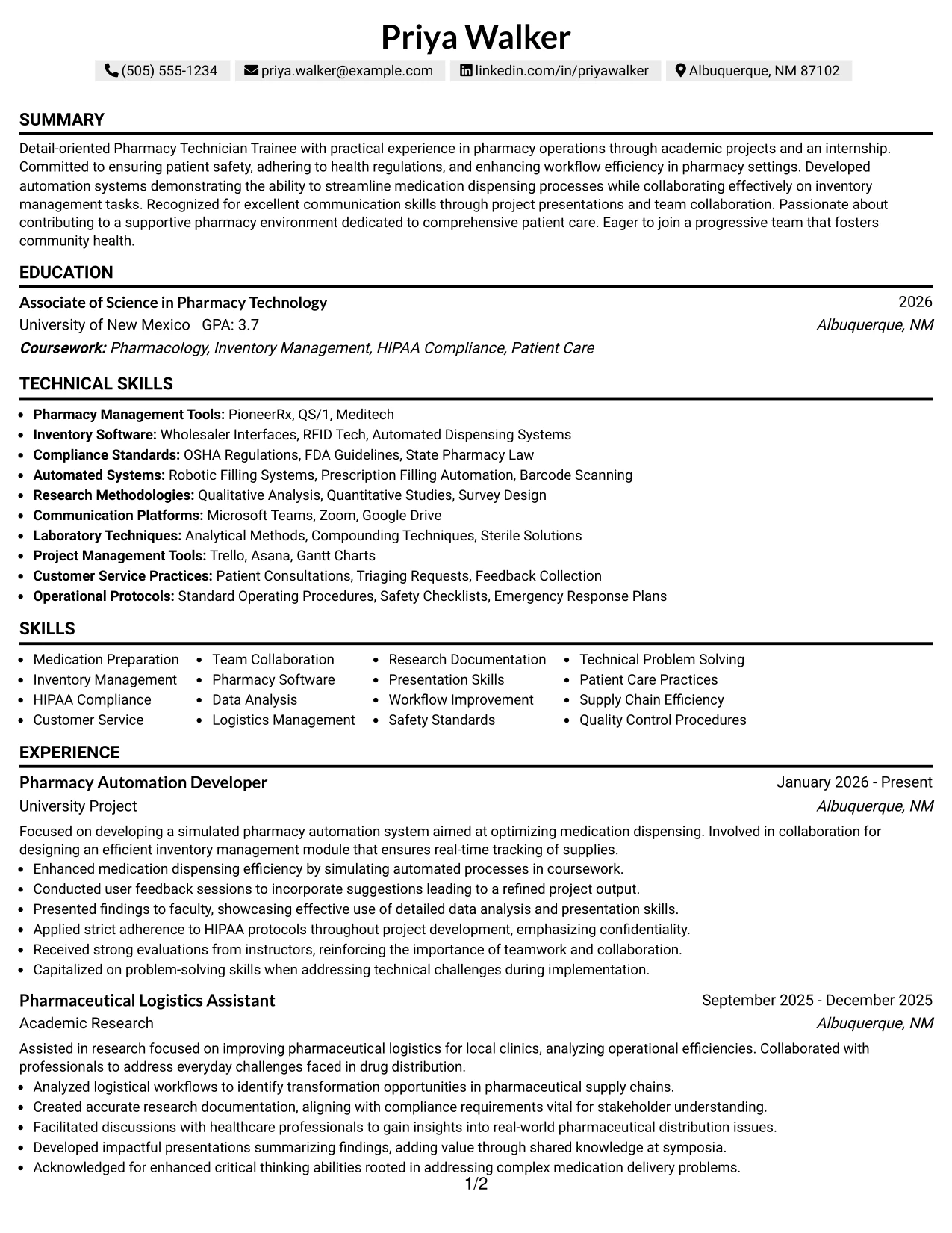 Resume Example Page 1