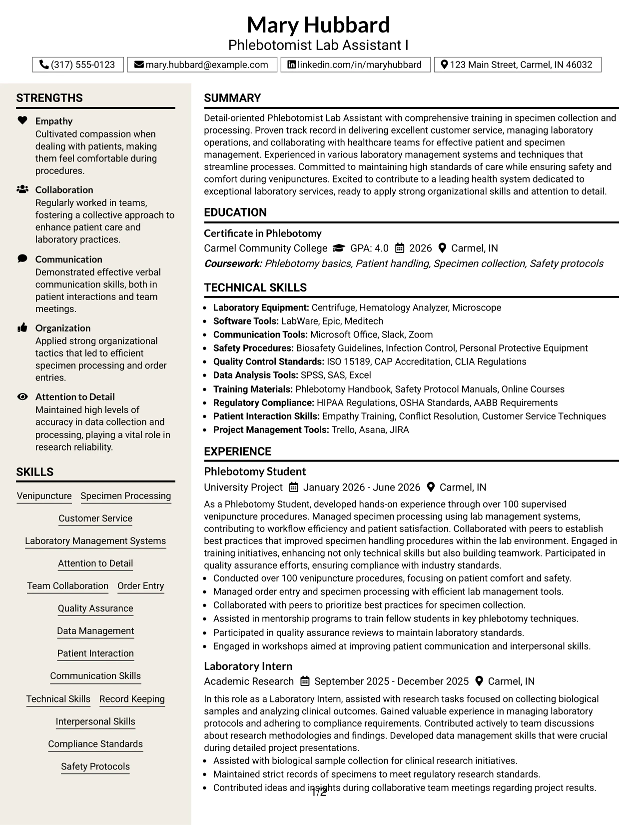 Resume Example Page 1