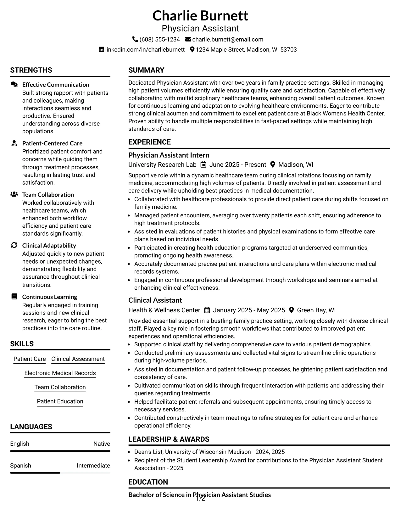Resume Example Page 1
