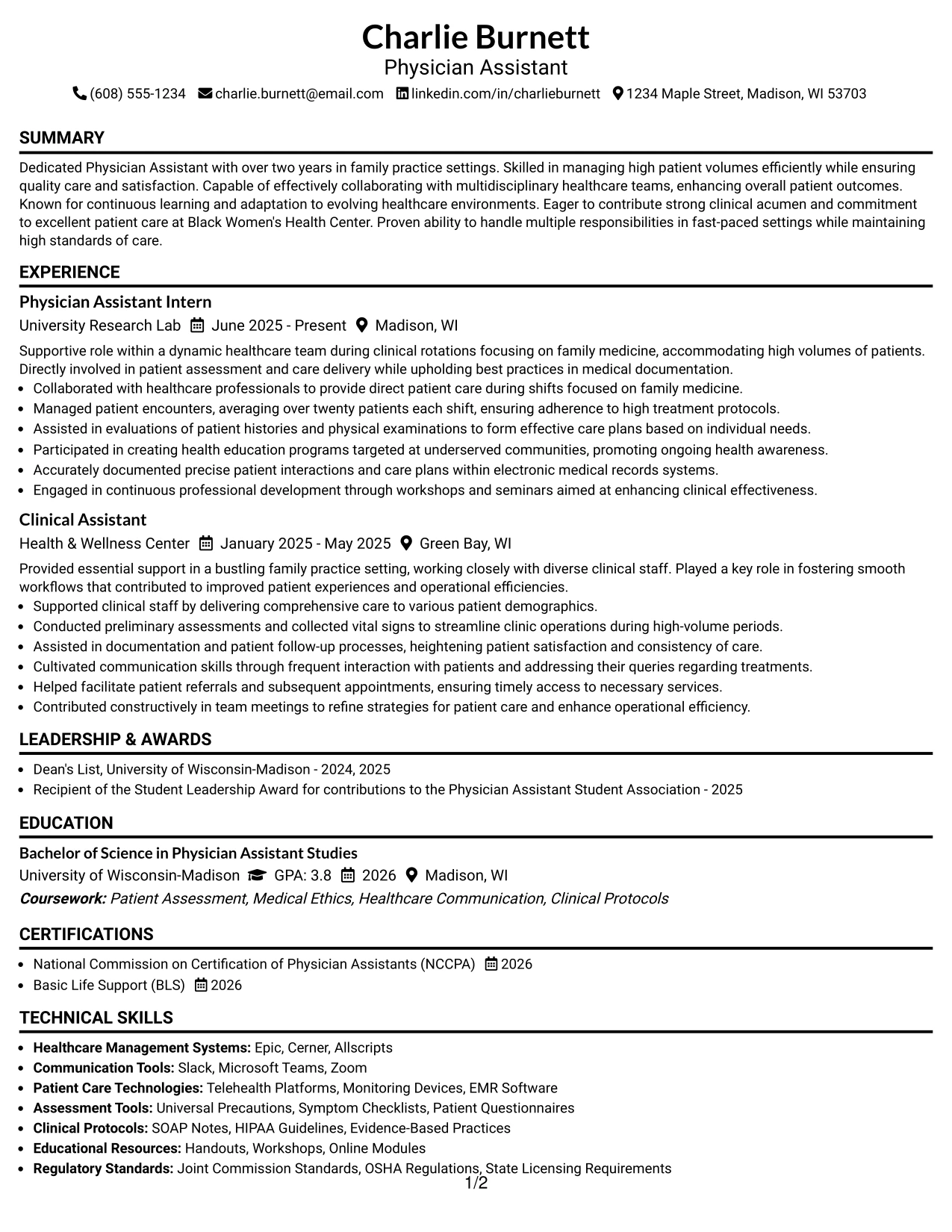 Resume Example Page 1