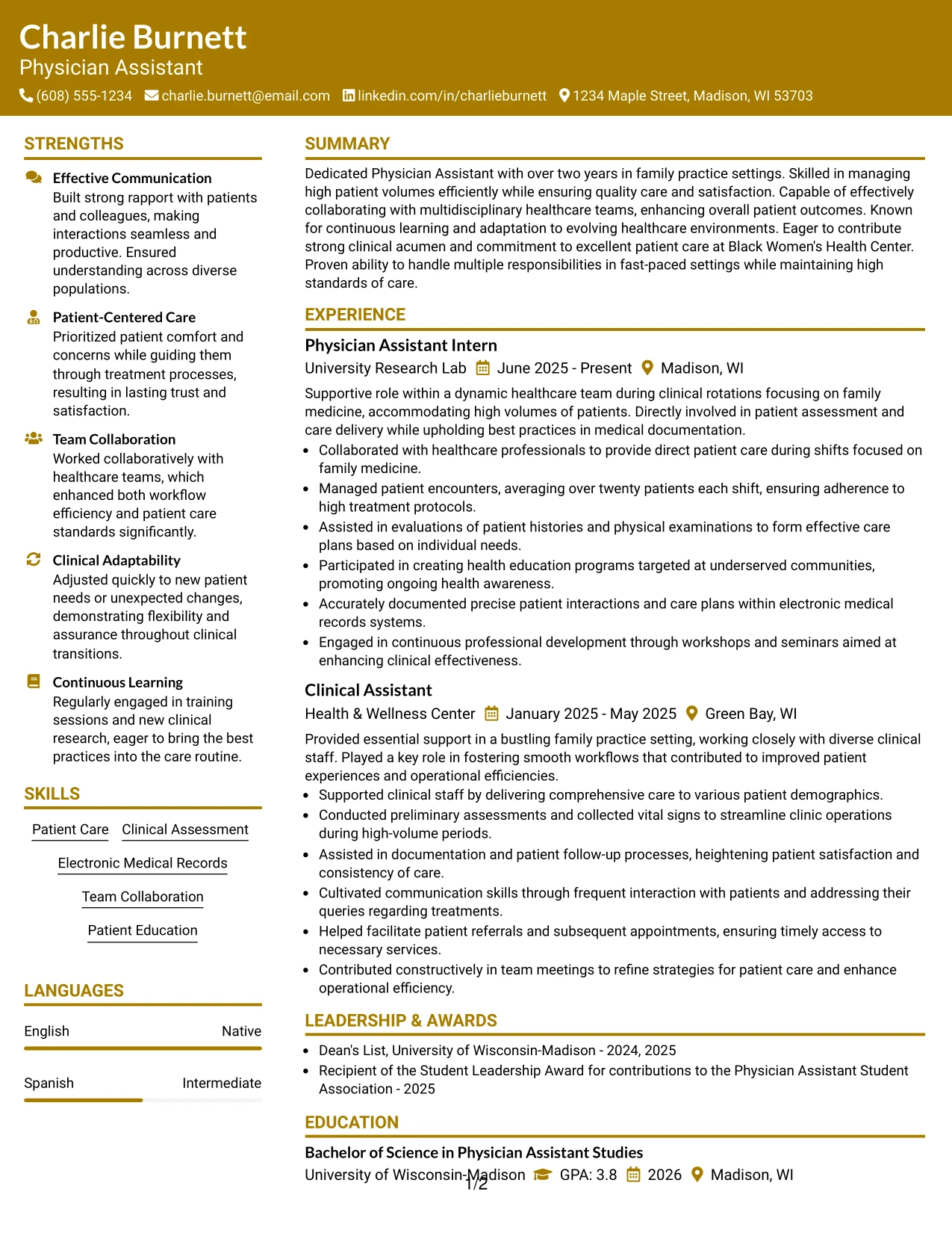 Resume Example Page 1