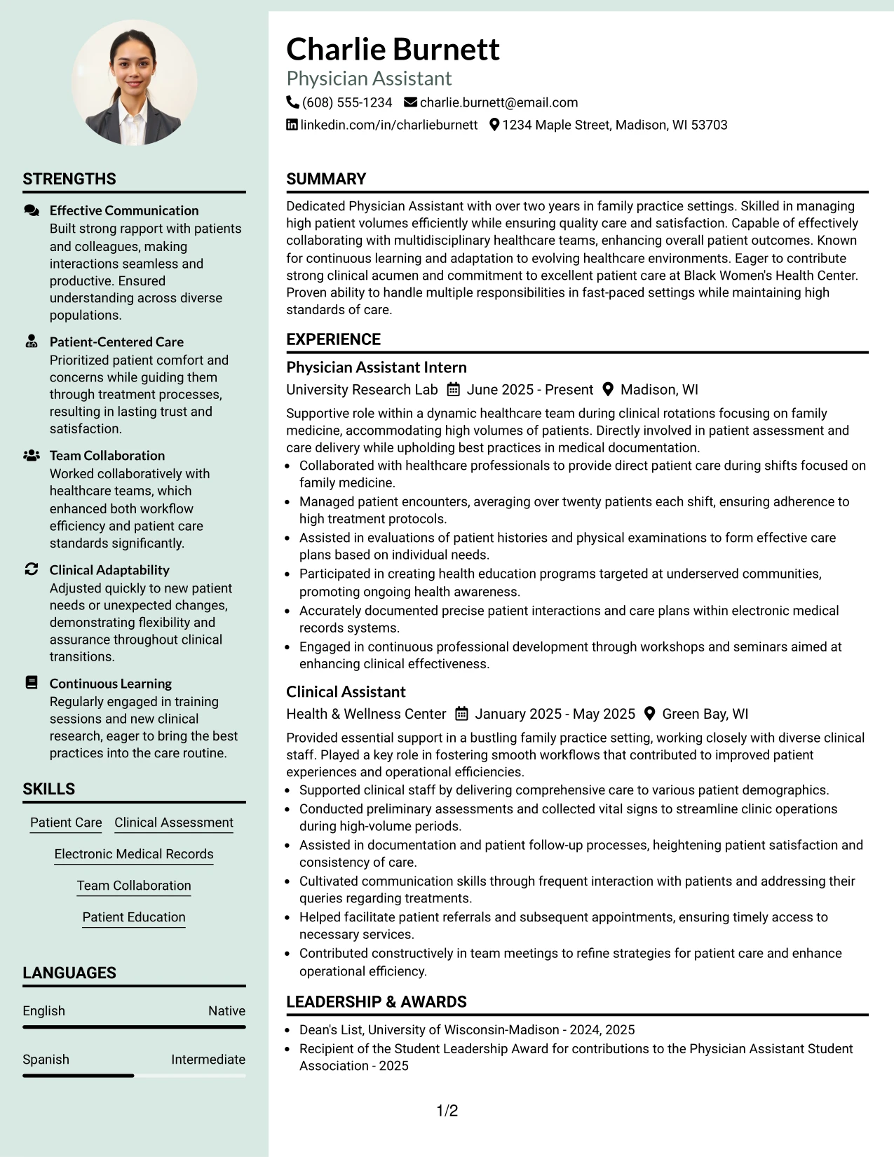 Resume Example Page 1