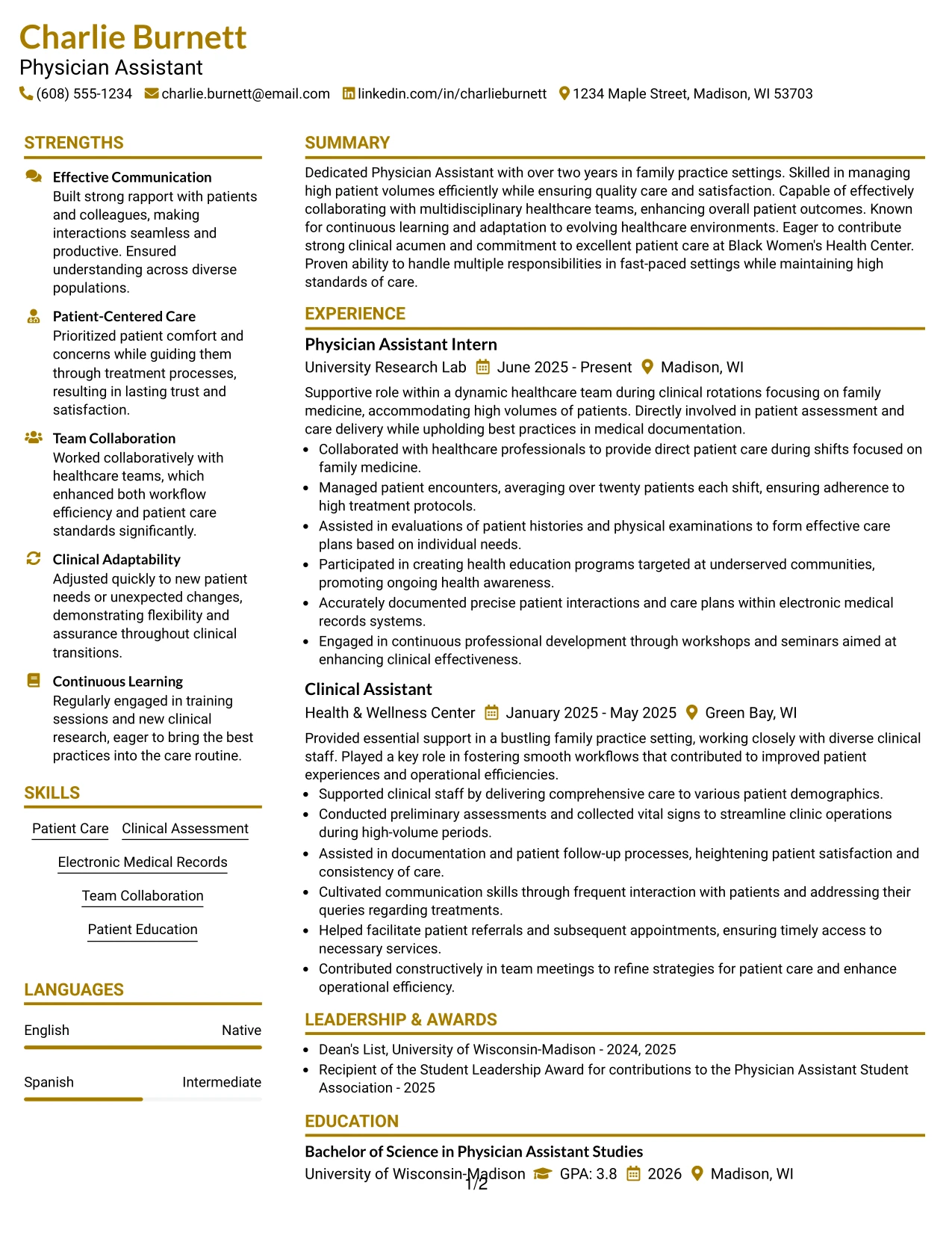 Resume Example Page 1