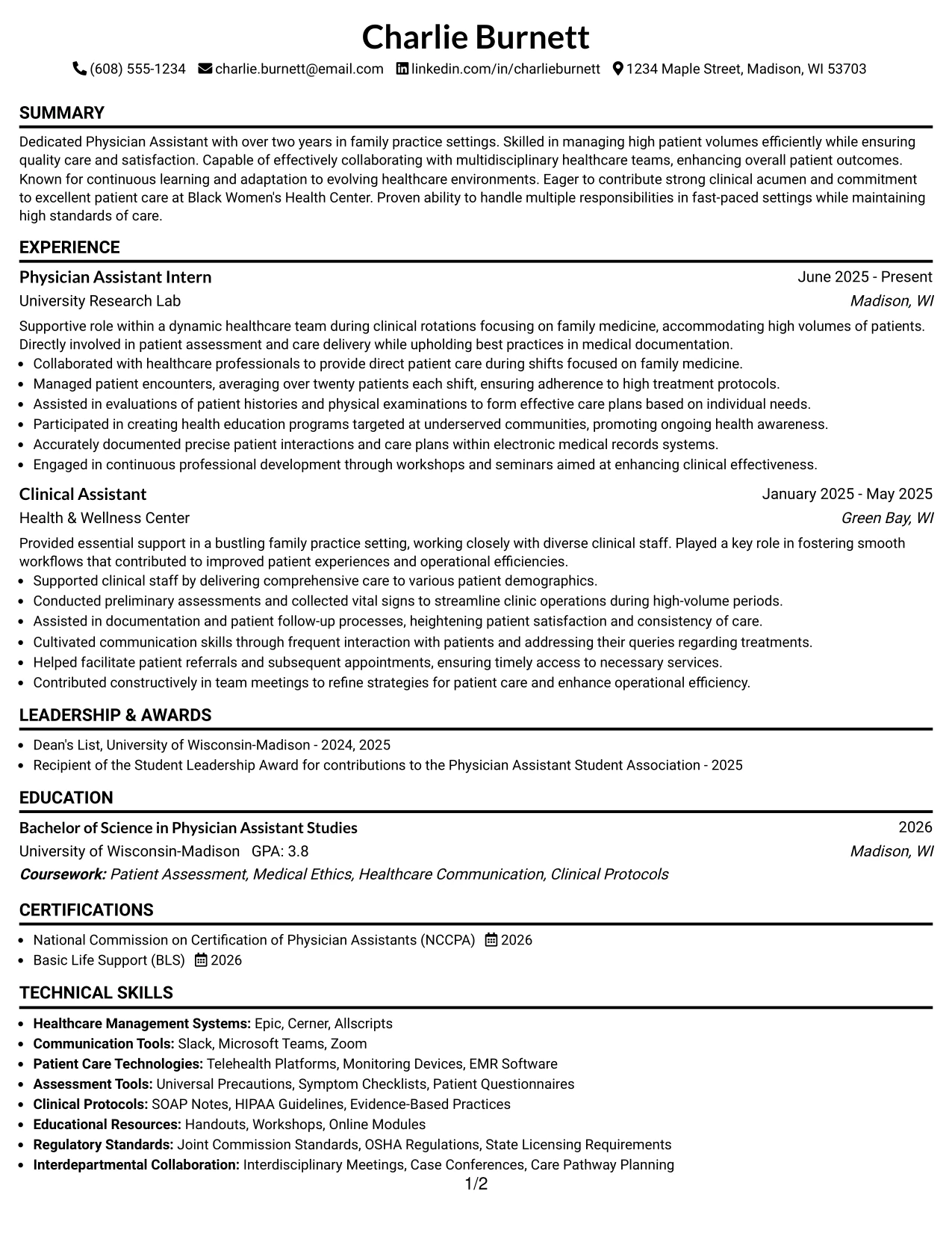 Resume Example Page 1