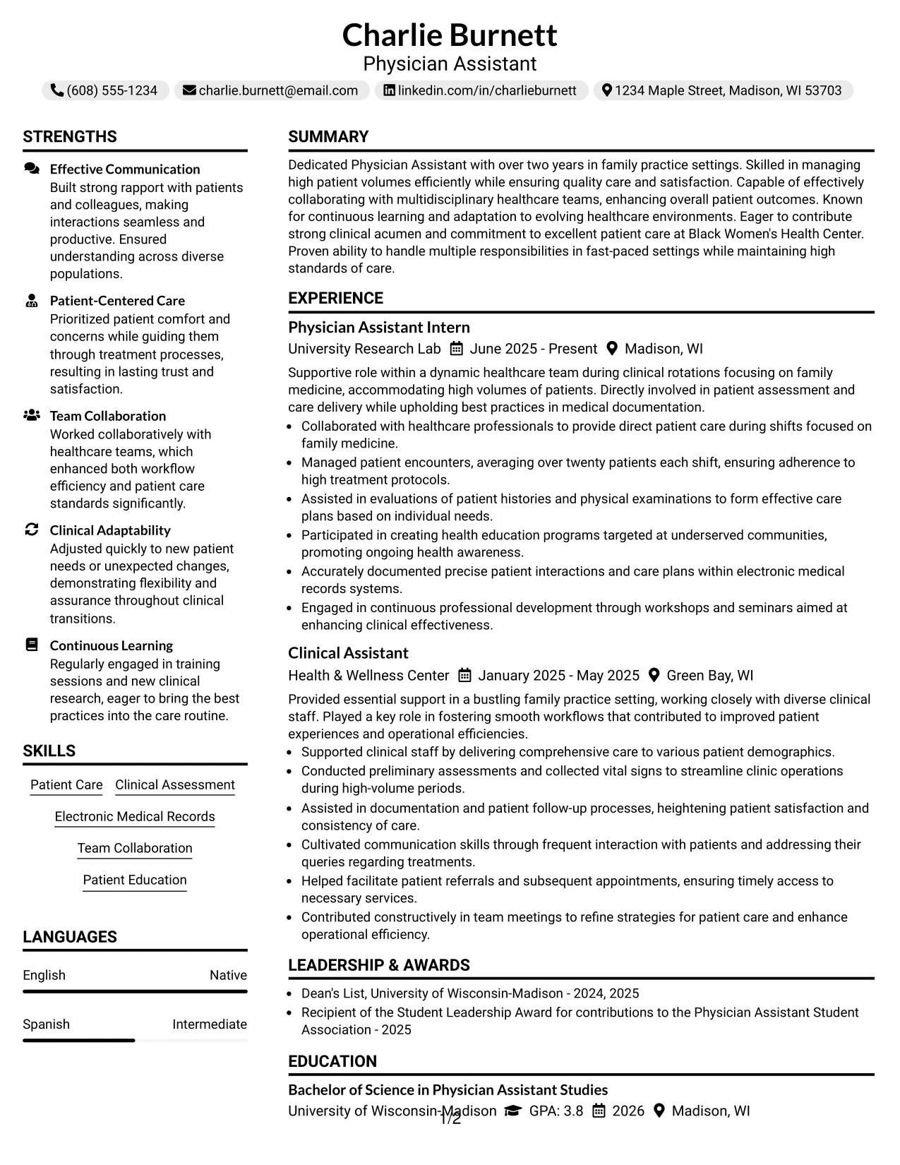 Resume Example Page 1
