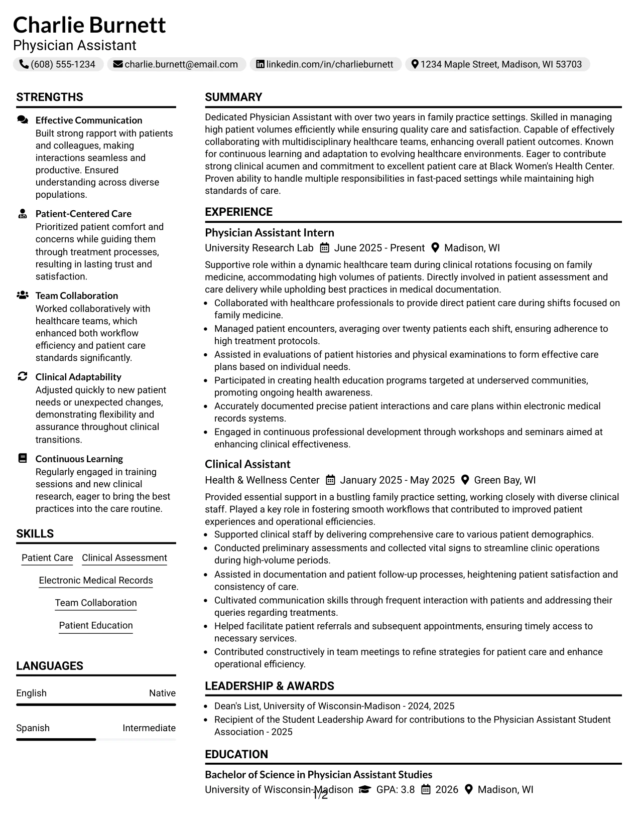 Resume Example Page 1