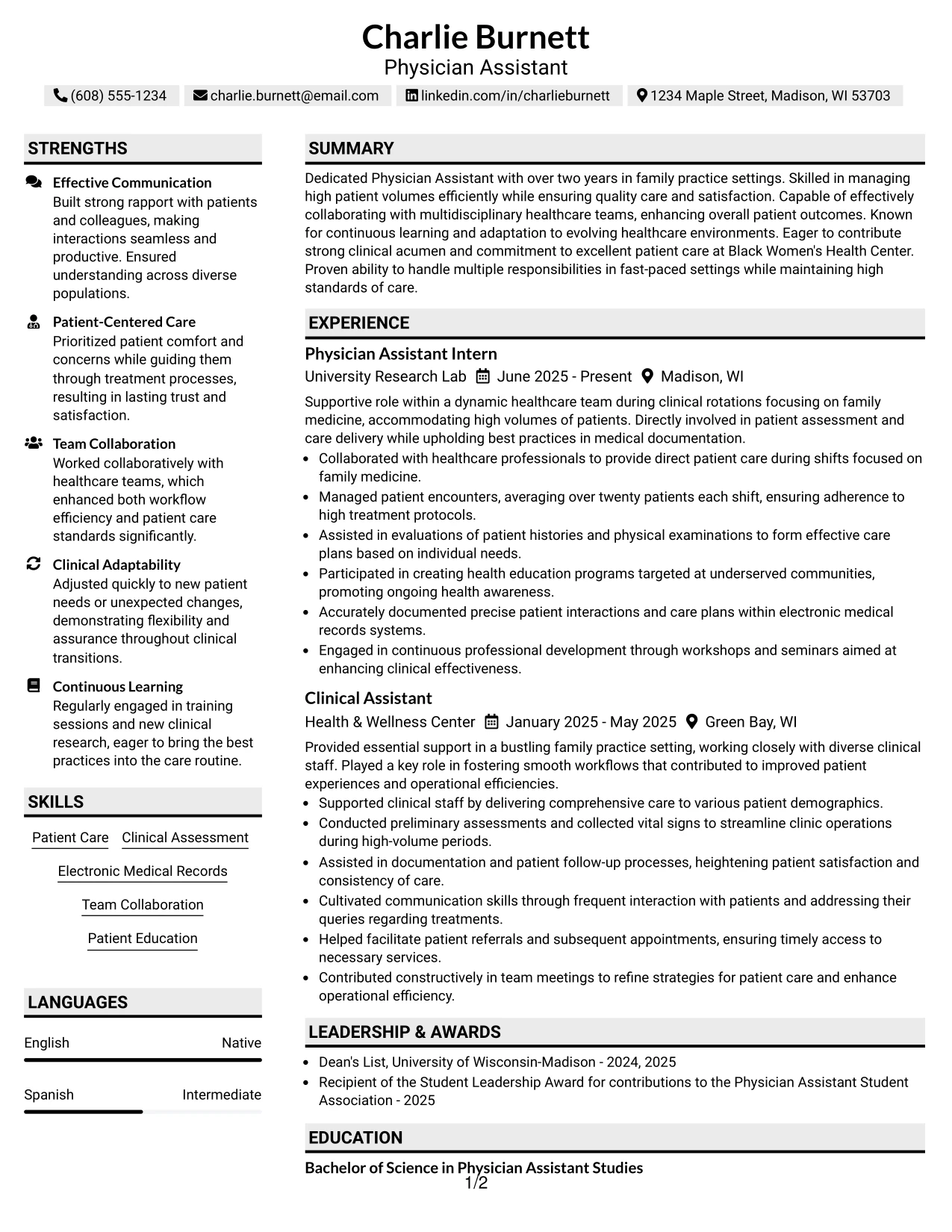 Resume Example Page 1