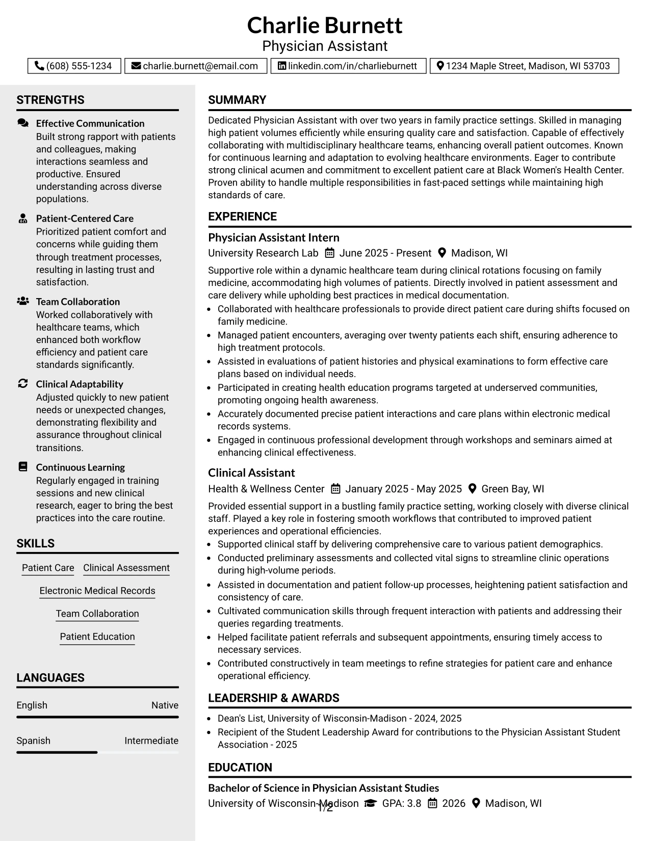 Resume Example Page 1