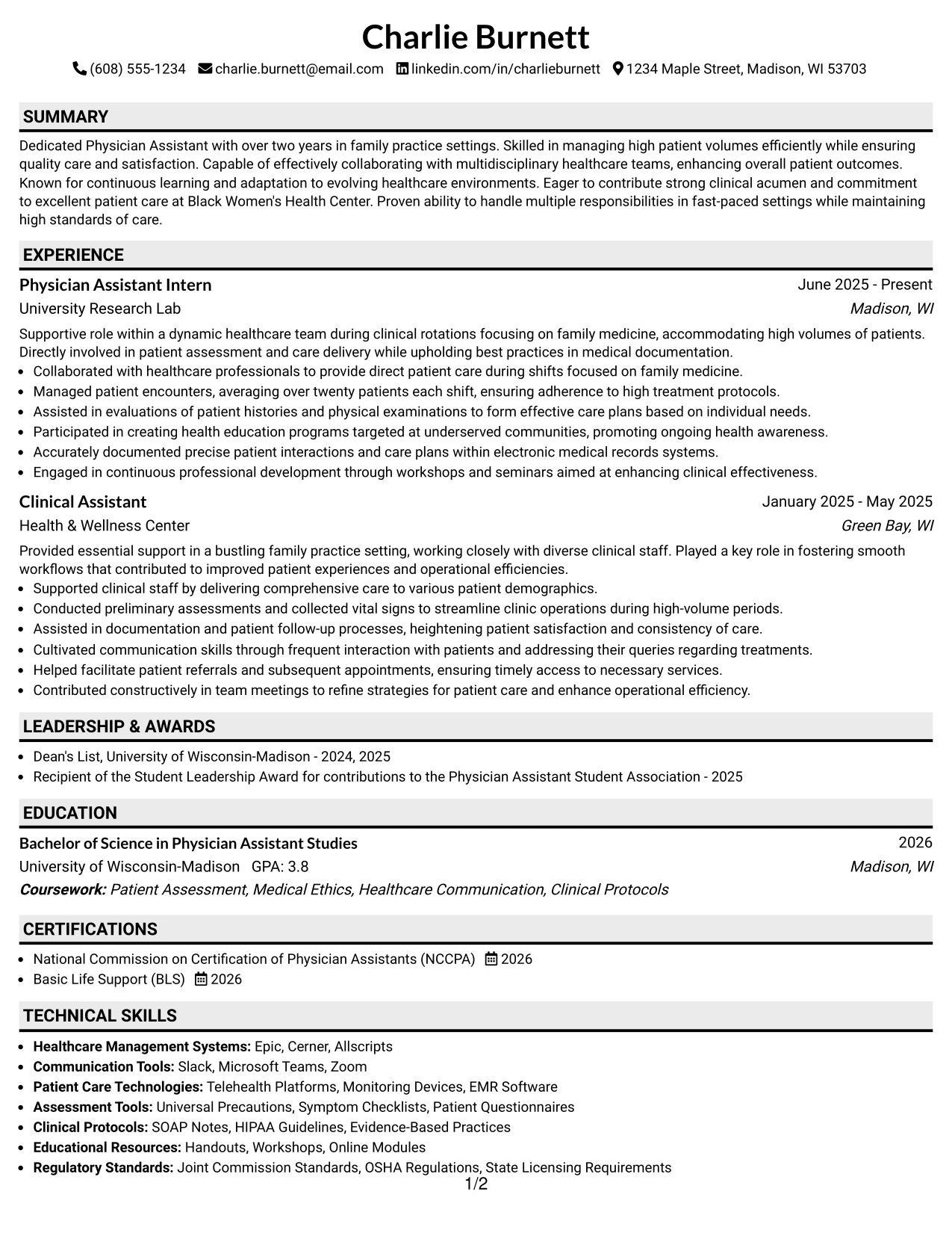 Resume Example Page 1
