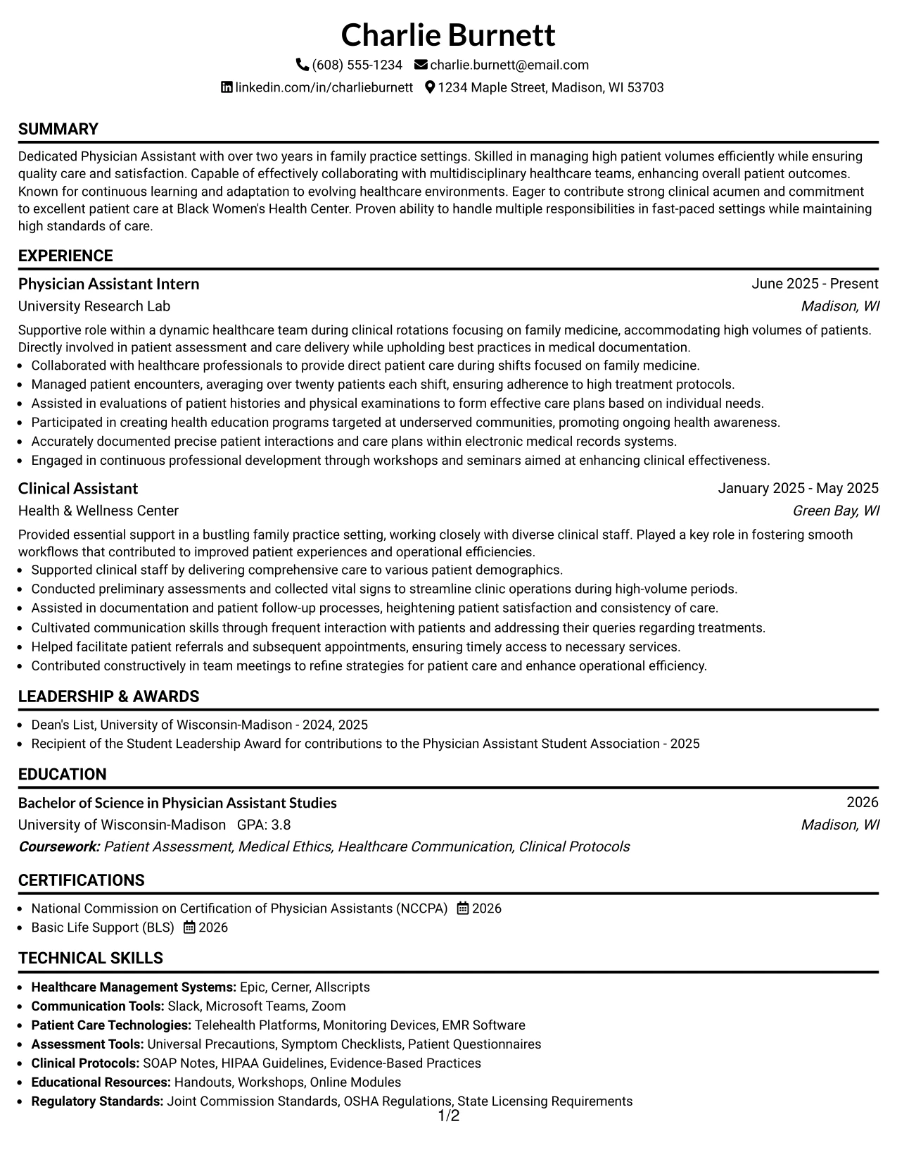 Resume Example Page 1