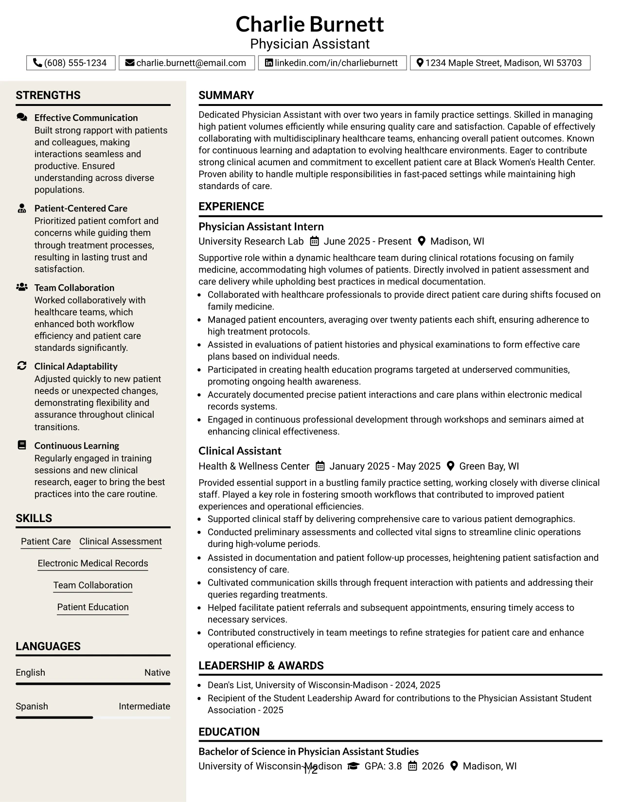 Resume Example Page 1