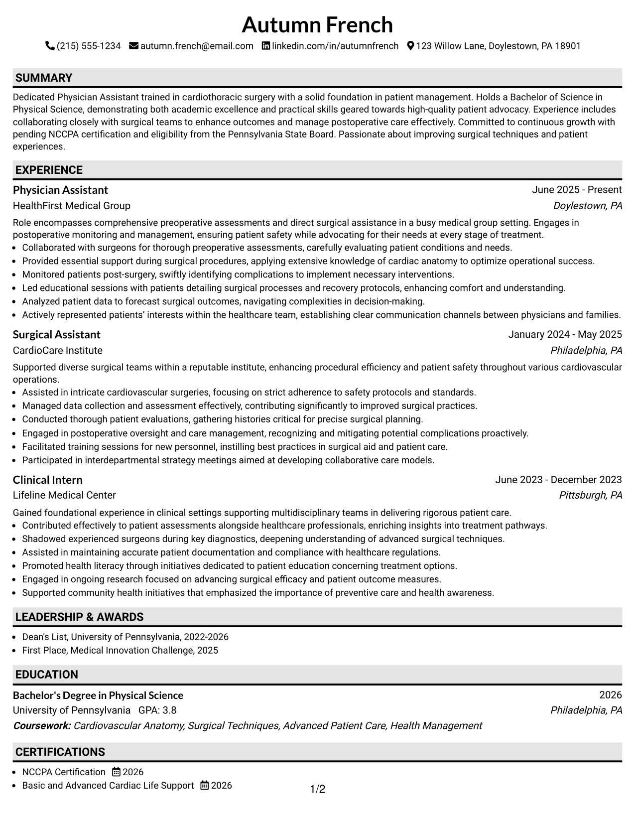 Resume Example Page 1