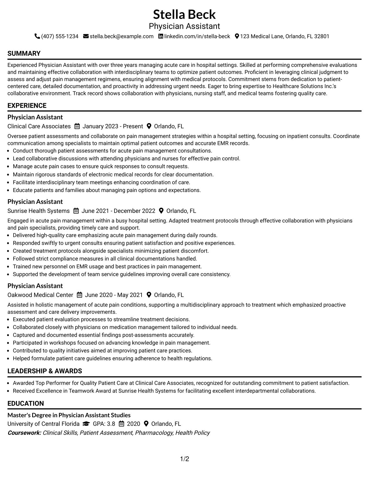 Resume Example Page 1