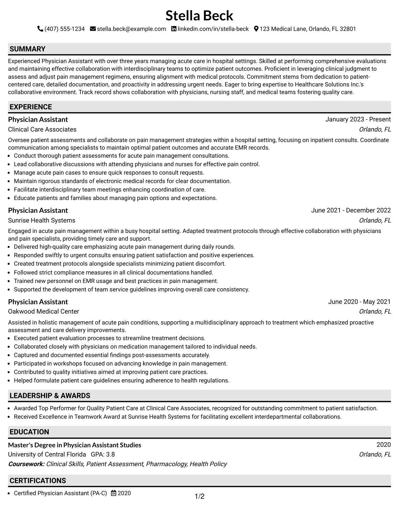Resume Example Page 1
