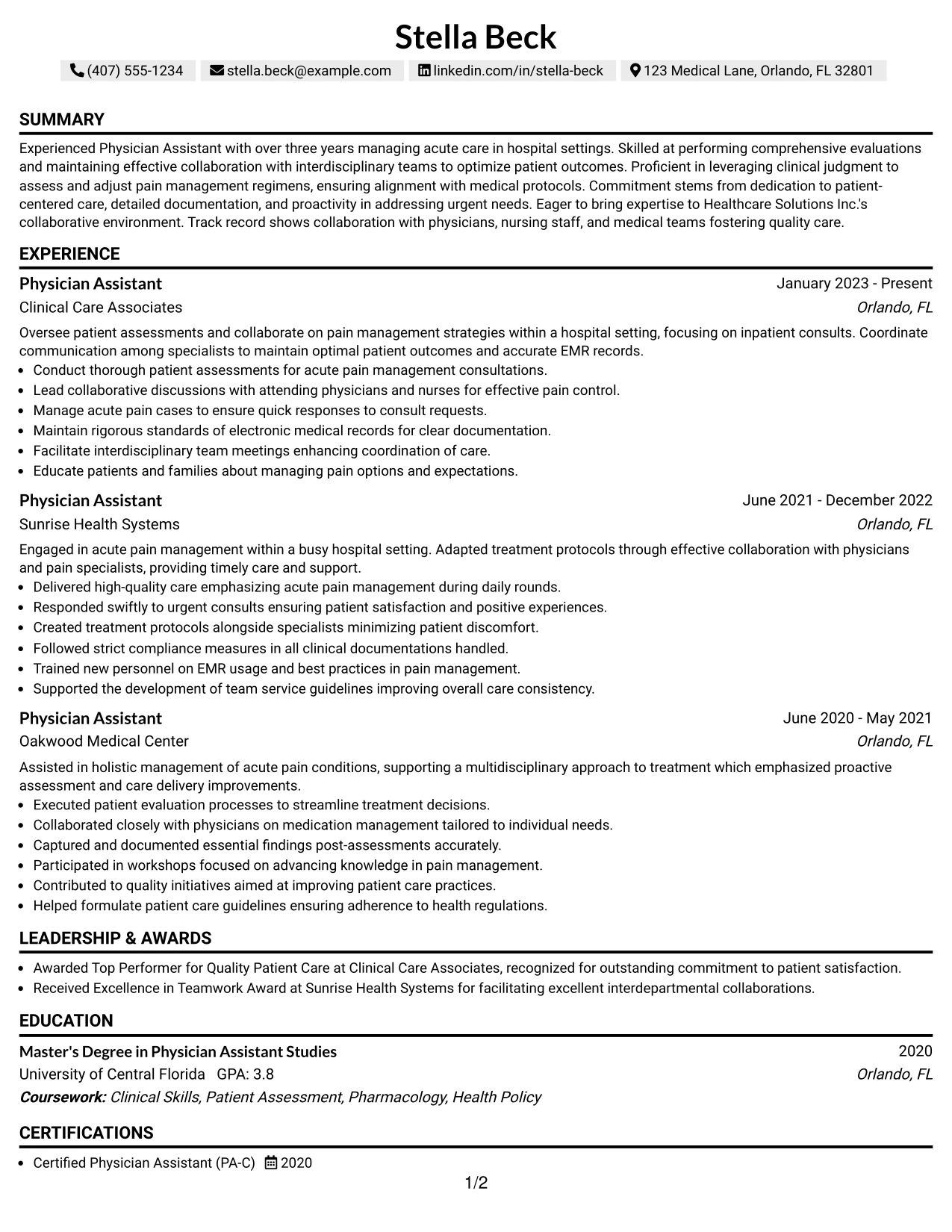 Resume Example Page 1