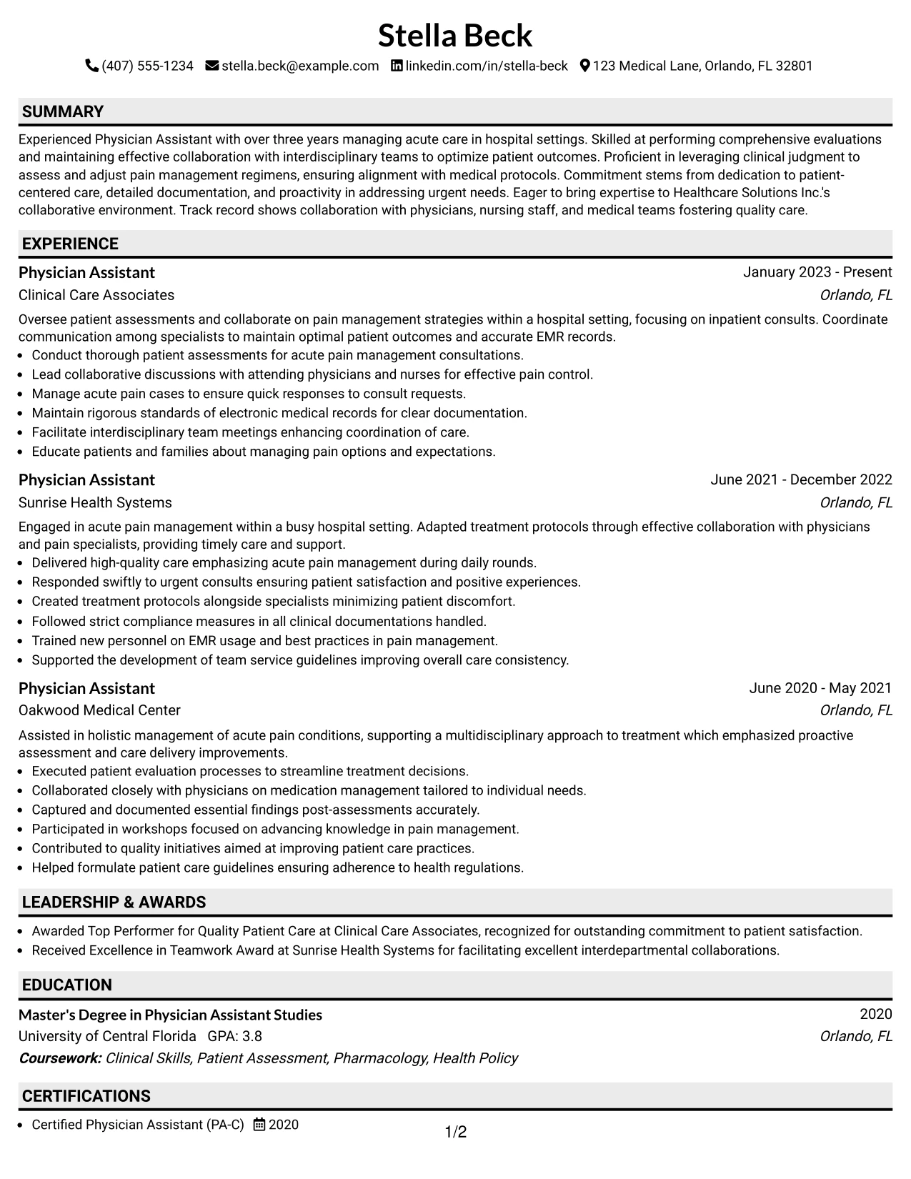 Resume Example Page 1