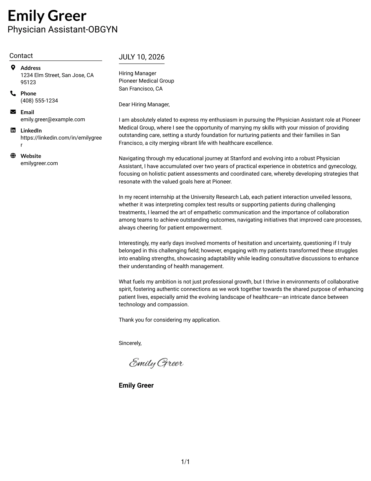 Resume Example Page 1