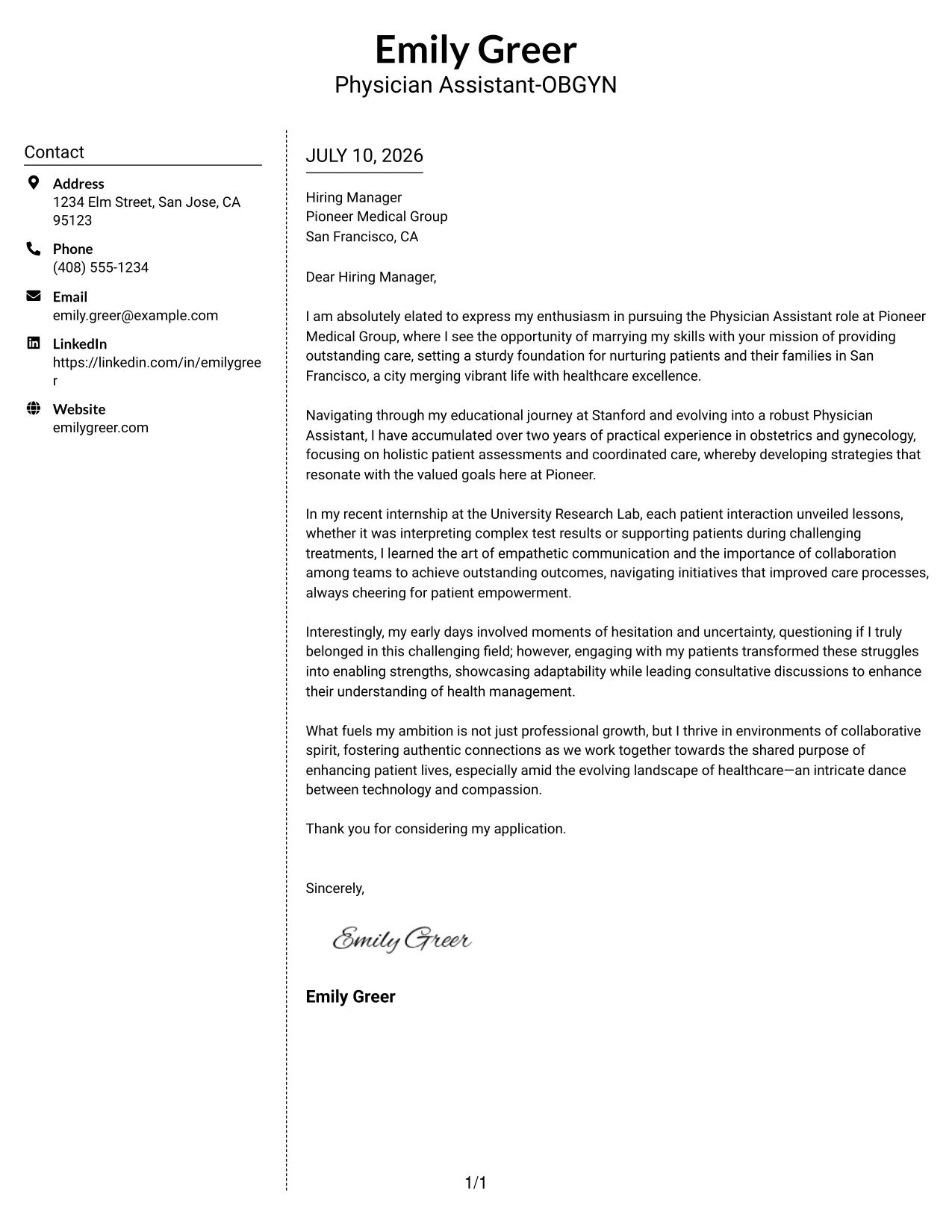 Resume Example Page 1