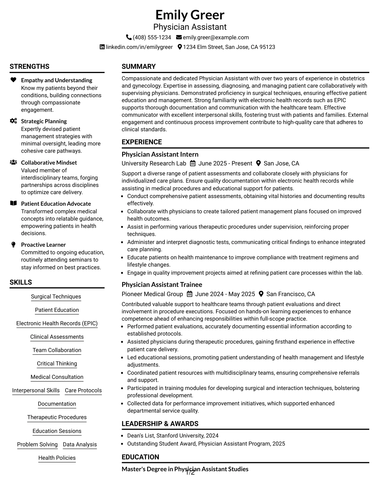 Resume Example Page 1