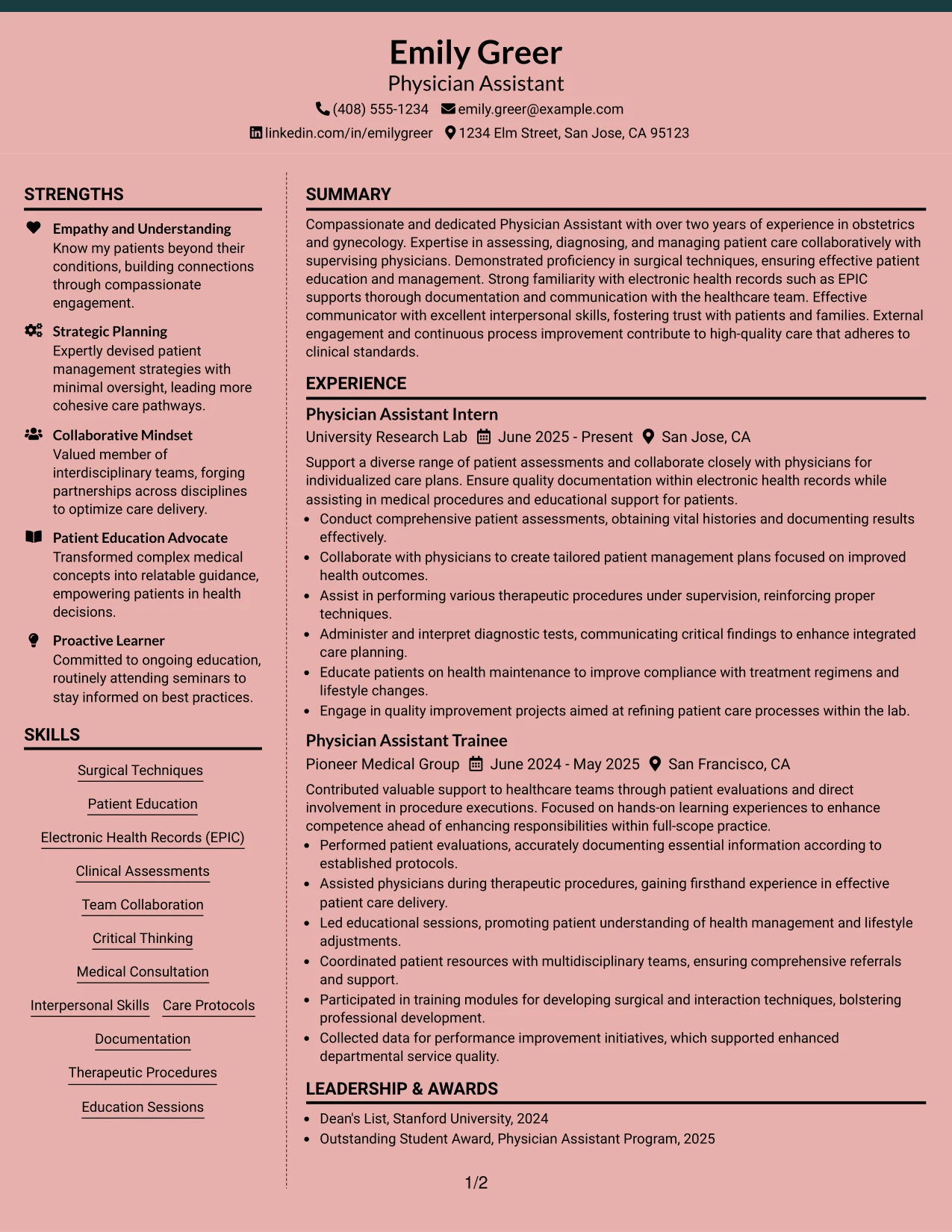 Resume Example Page 1