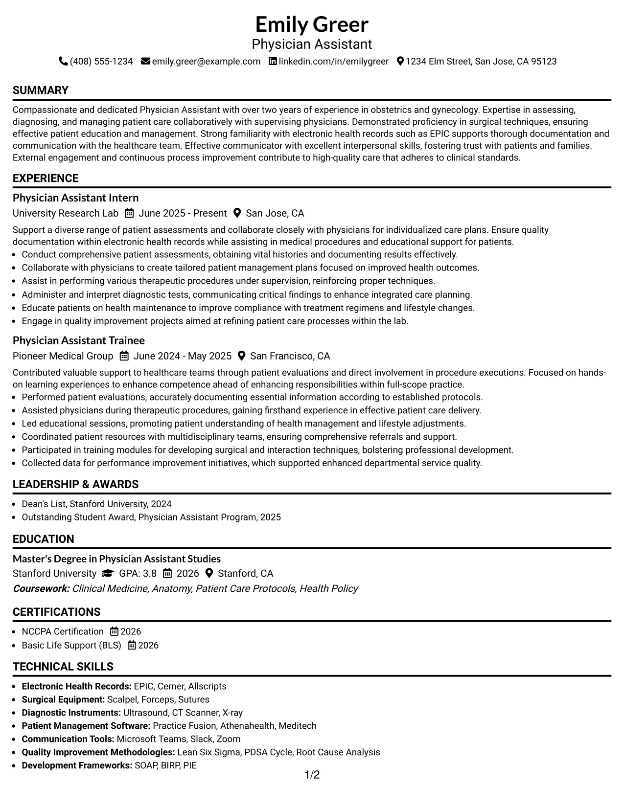 Resume Example Page 1