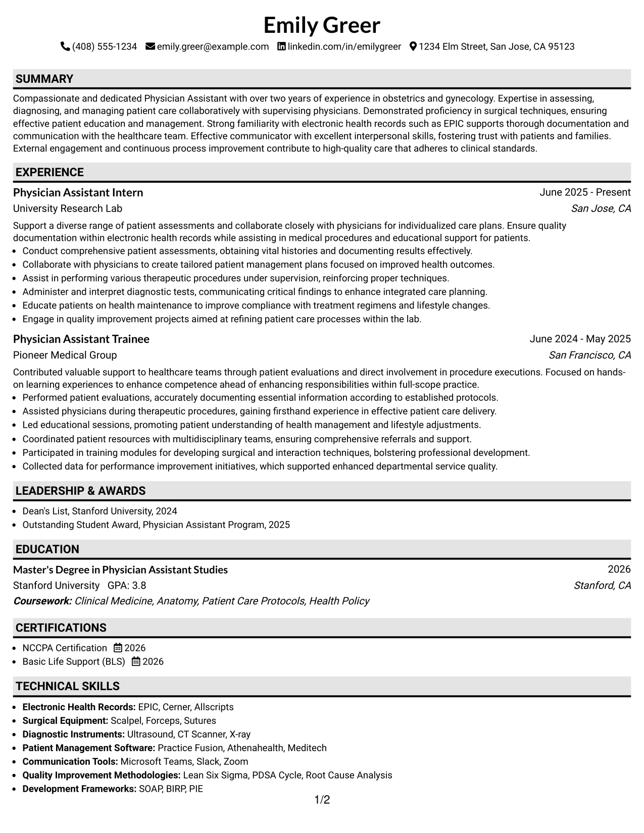 Resume Example Page 1