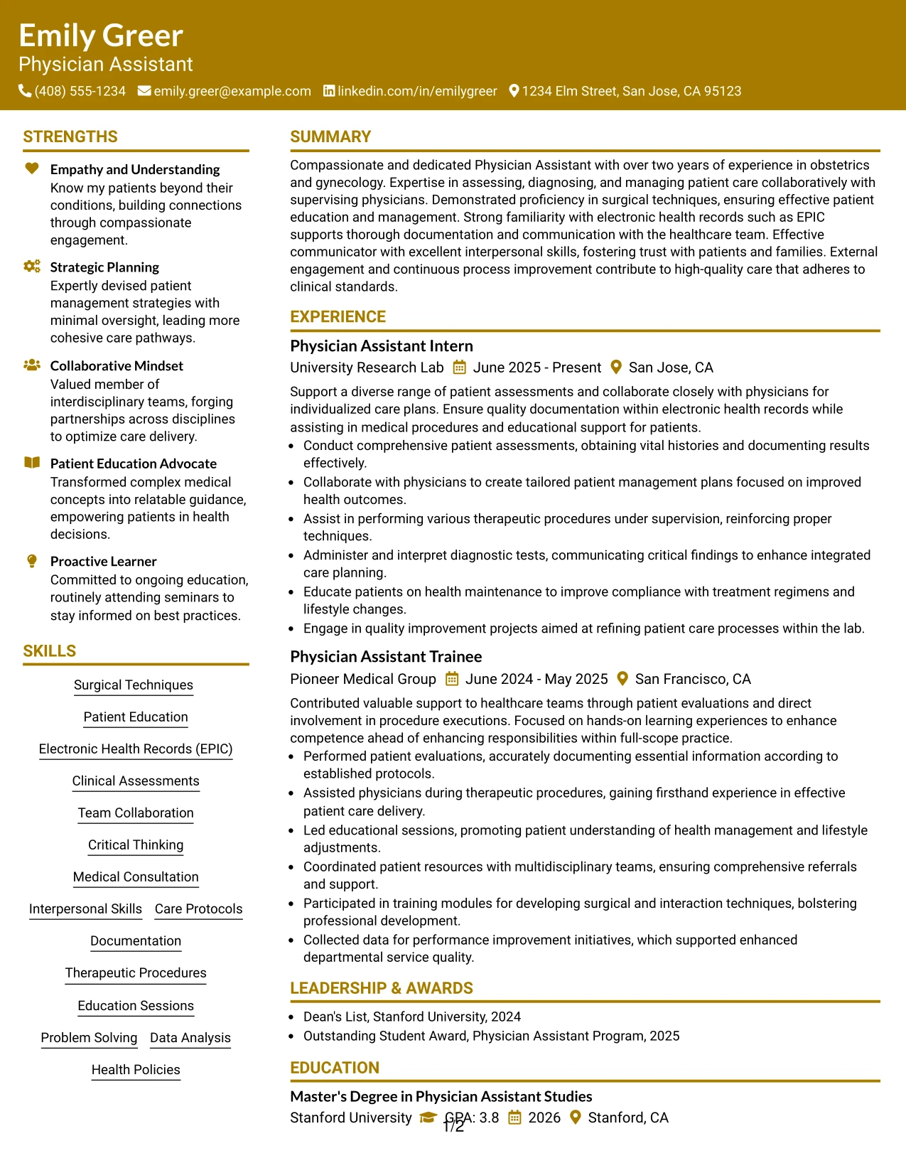 Resume Example Page 1