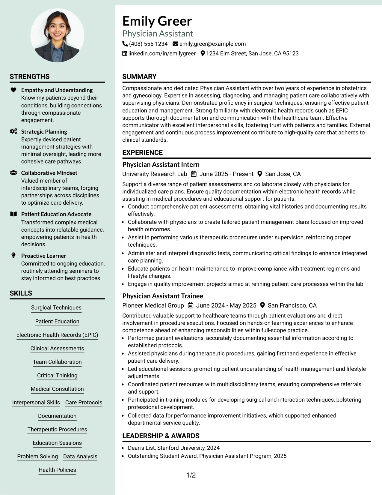 Resume Example Page 1