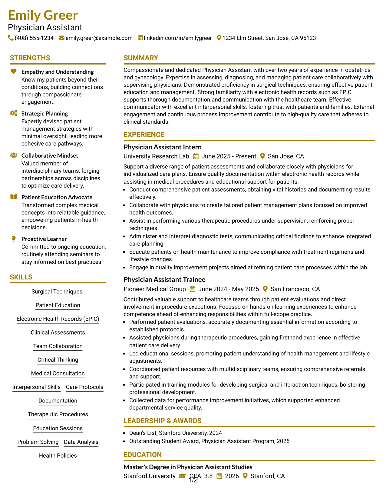 Resume Example Page 1
