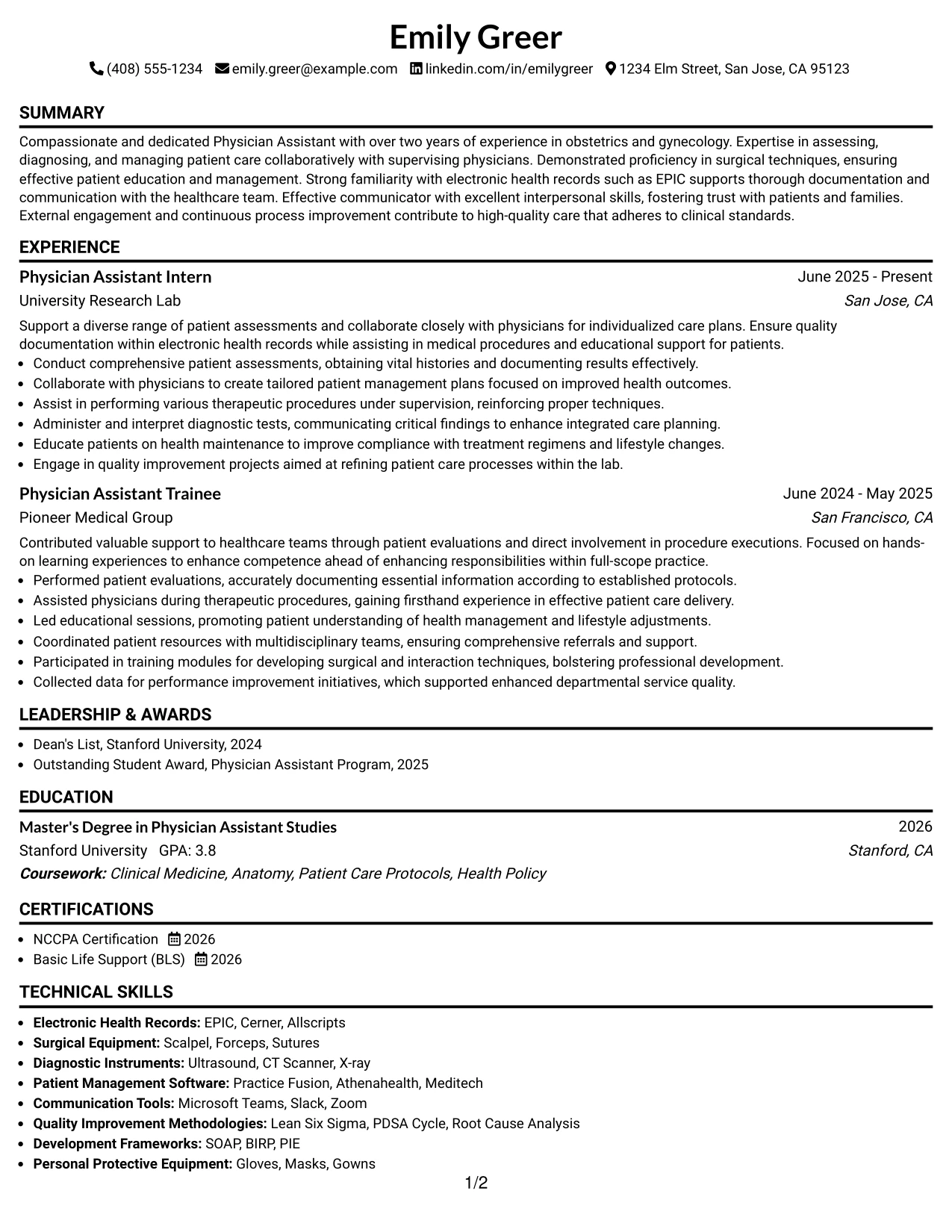 Resume Example Page 1