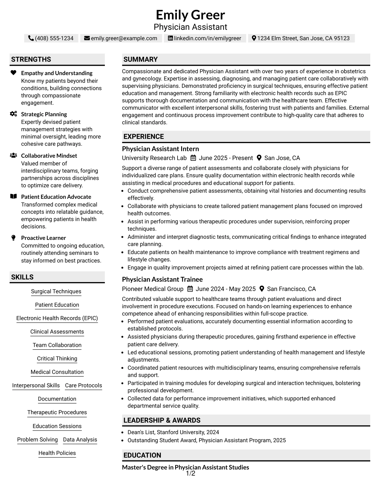 Resume Example Page 1