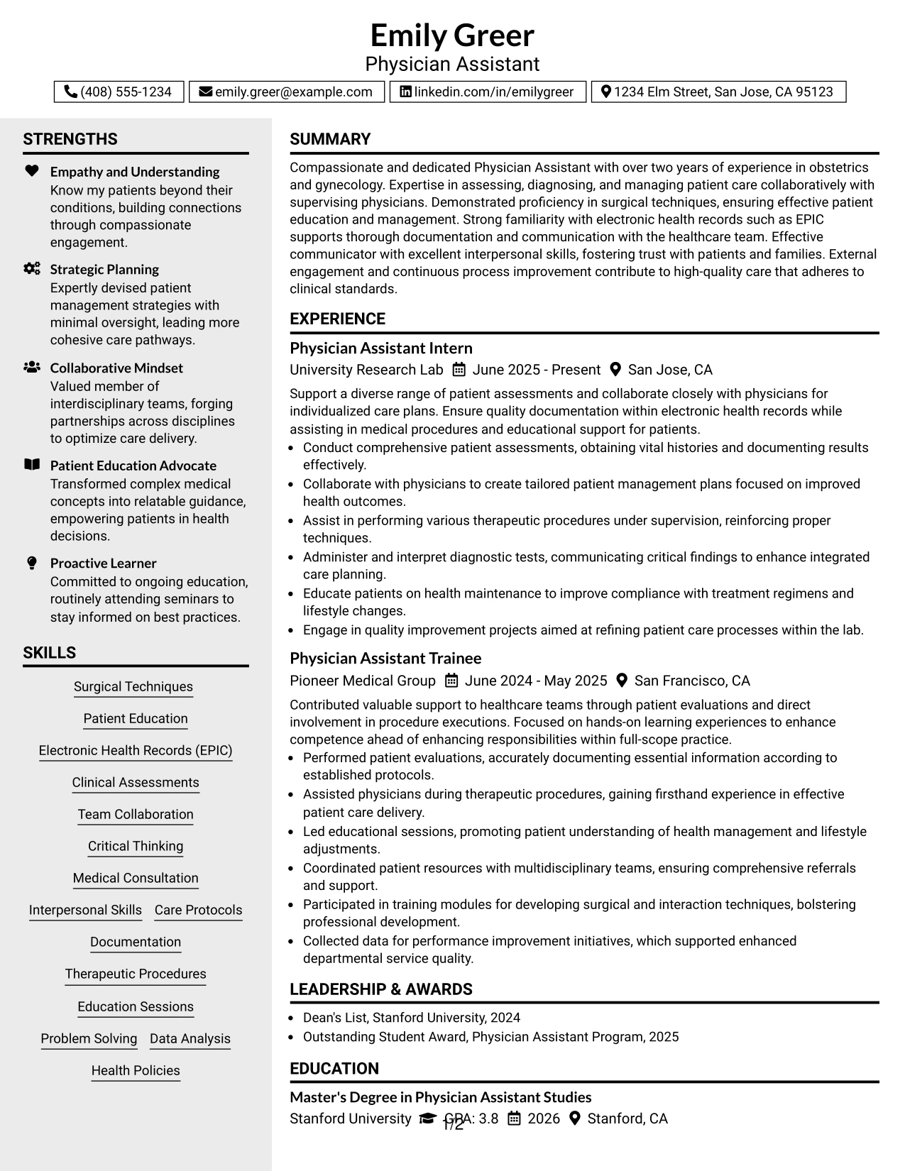 Resume Example Page 1