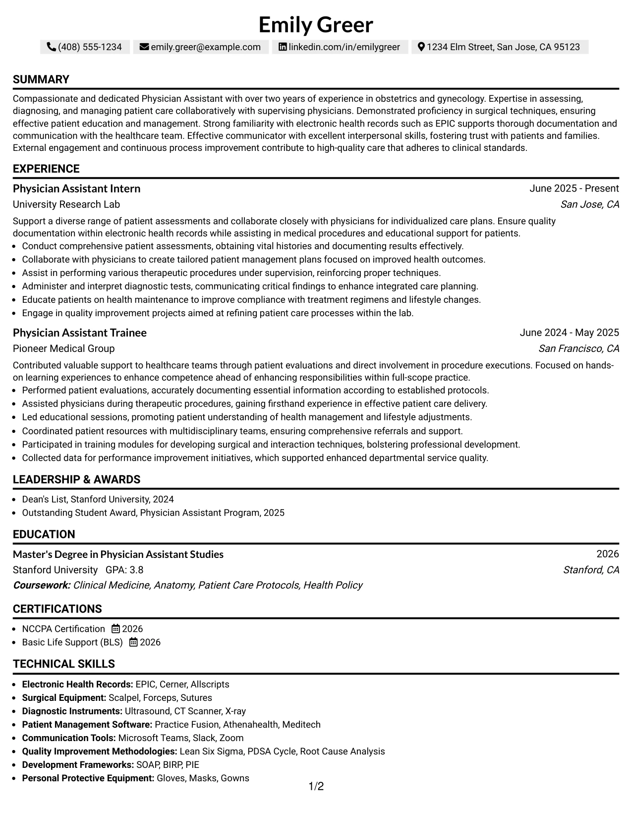 Resume Example Page 1