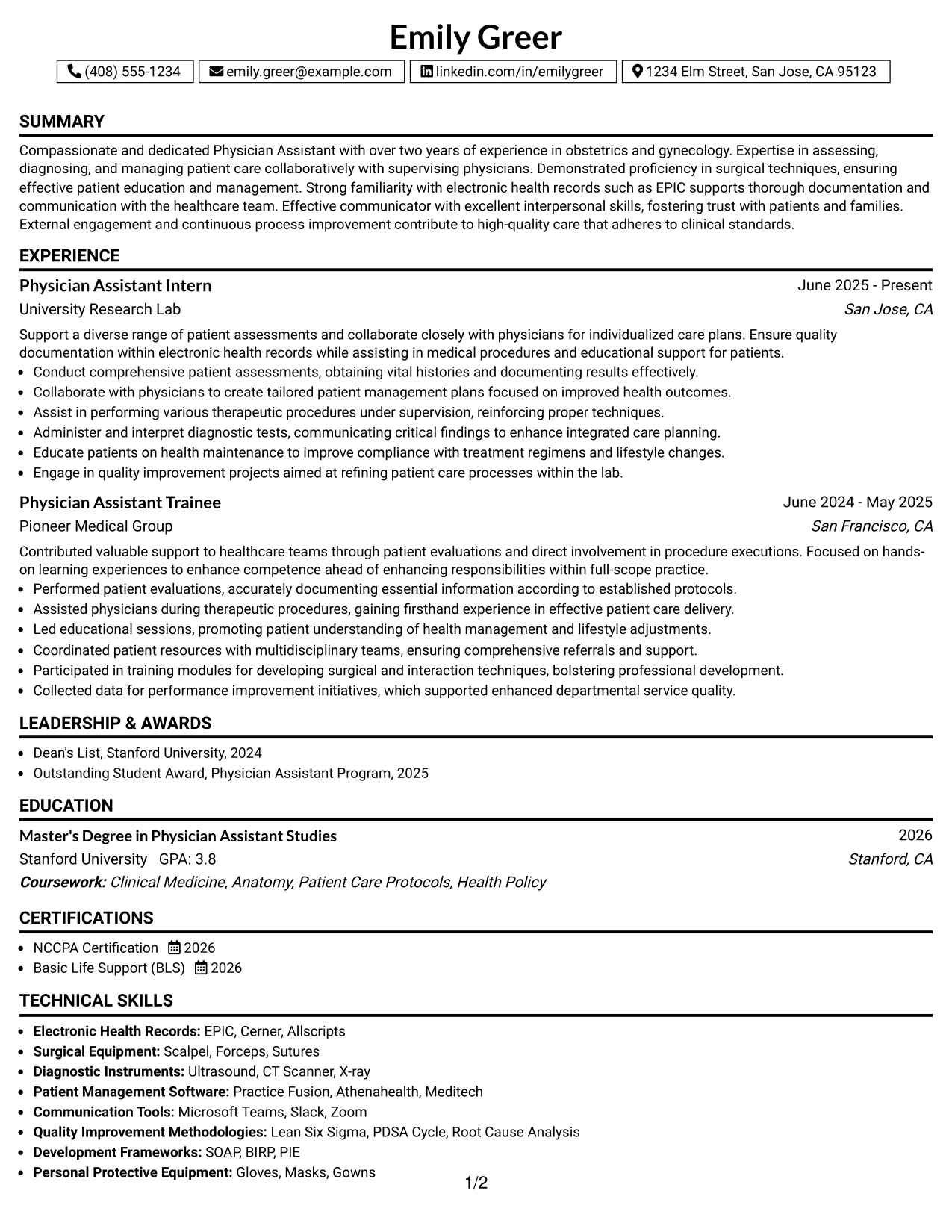 Resume Example Page 1