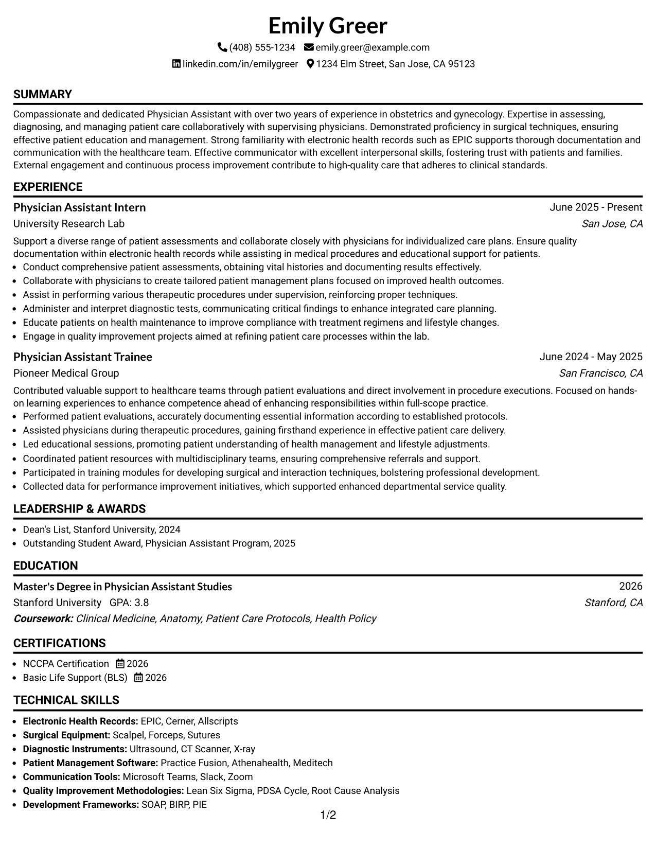 Resume Example Page 1