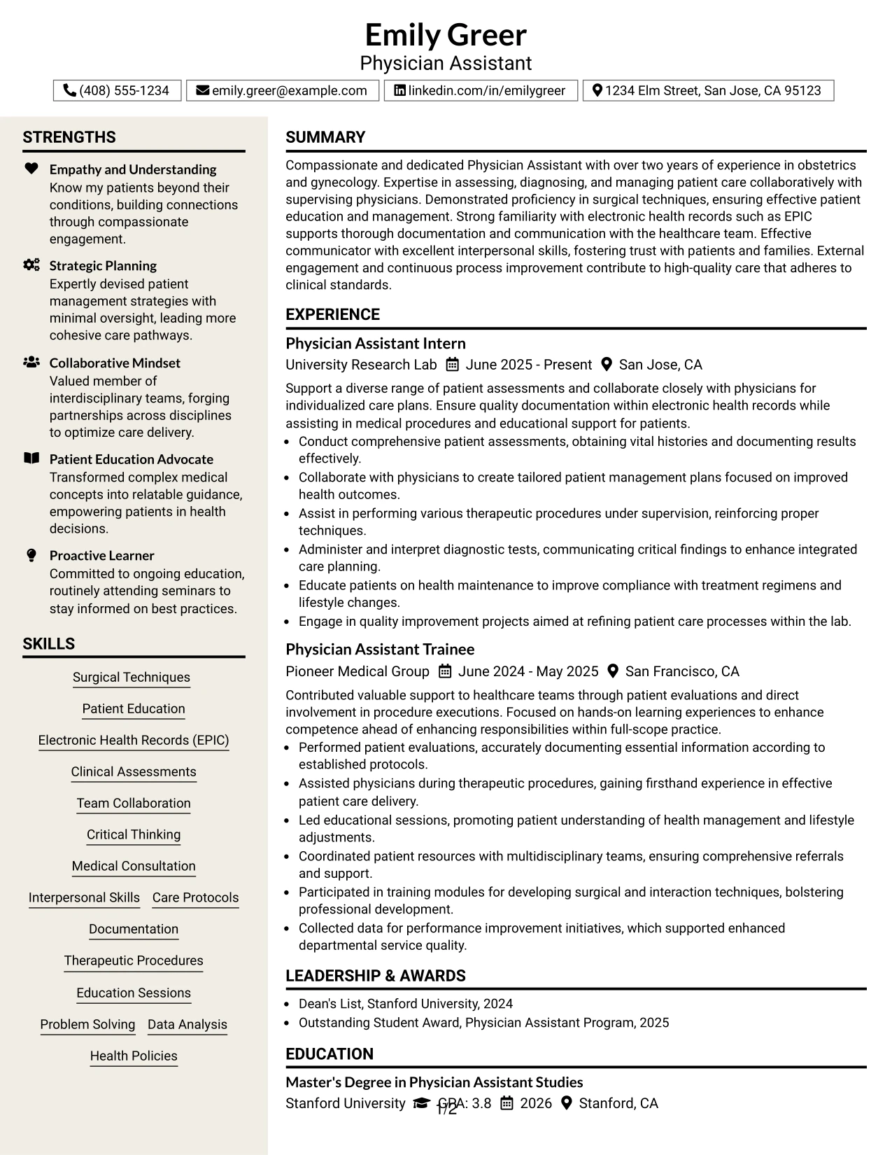 Resume Example Page 1