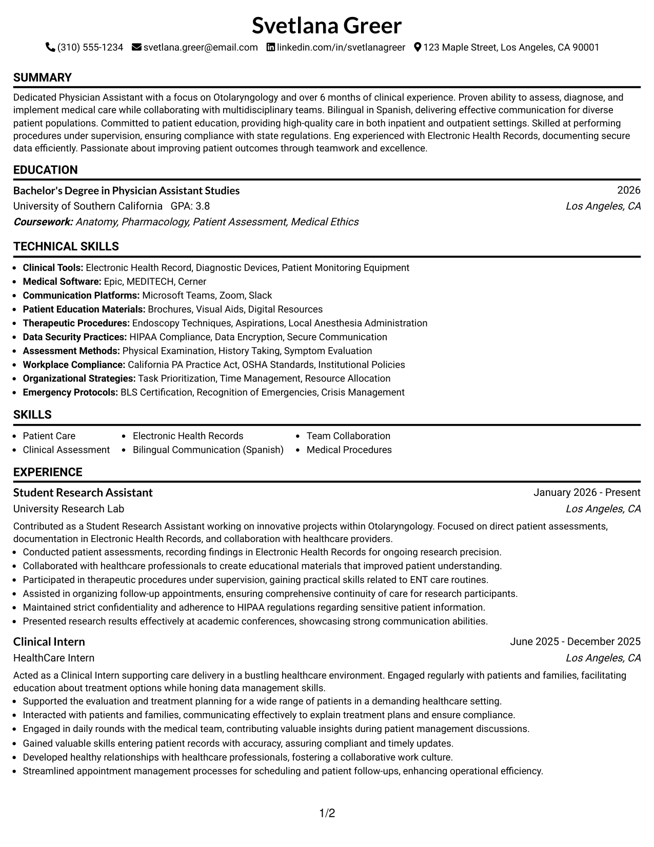 Resume Example Page 1