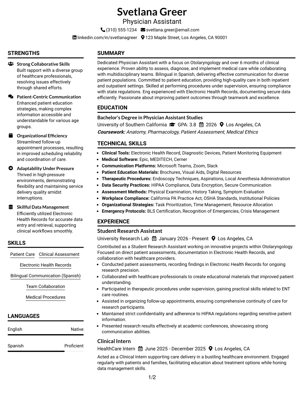 Resume Example Page 1