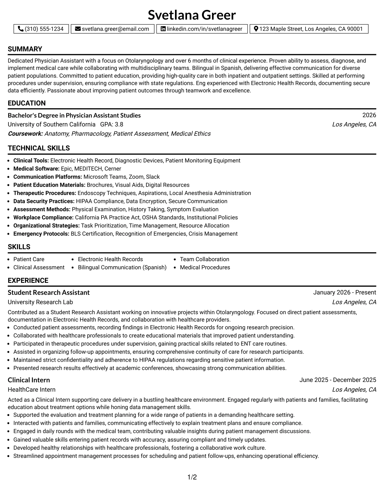 Resume Example Page 1