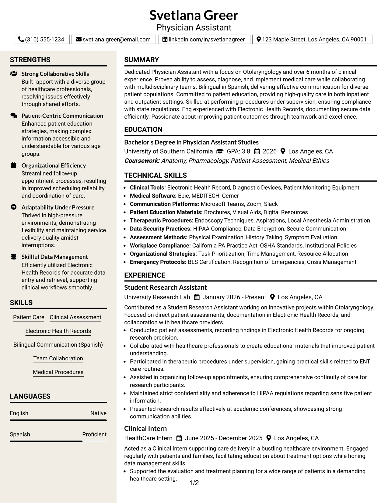Resume Example Page 1