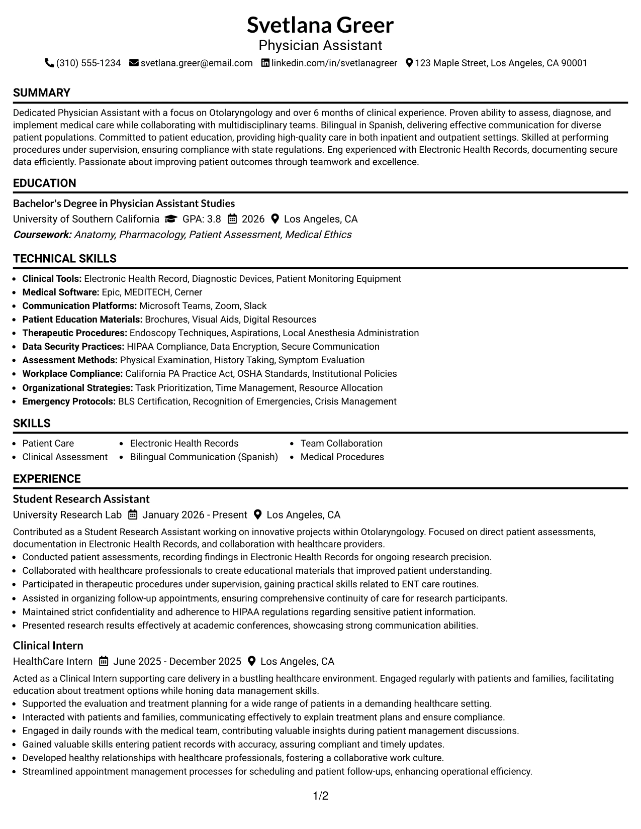 Resume Example Page 1