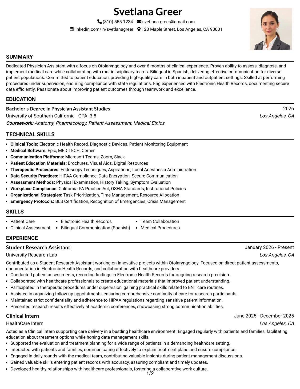Resume Example Page 1