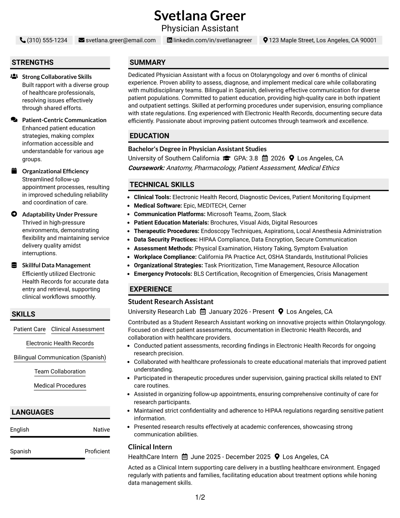 Resume Example Page 1